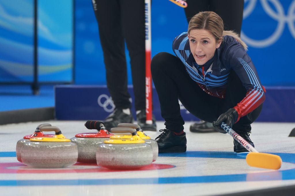 Vicky Persinger of Team USA competes during the curling mixed doubles round robin event of the Beijing 2022 Winter Olympics between Britain and the U.S. at National Aquatics Centre in Beijing, capital of China, Feb. 7, 2022. (Liu Xu—Xinhua via Getty Images)
