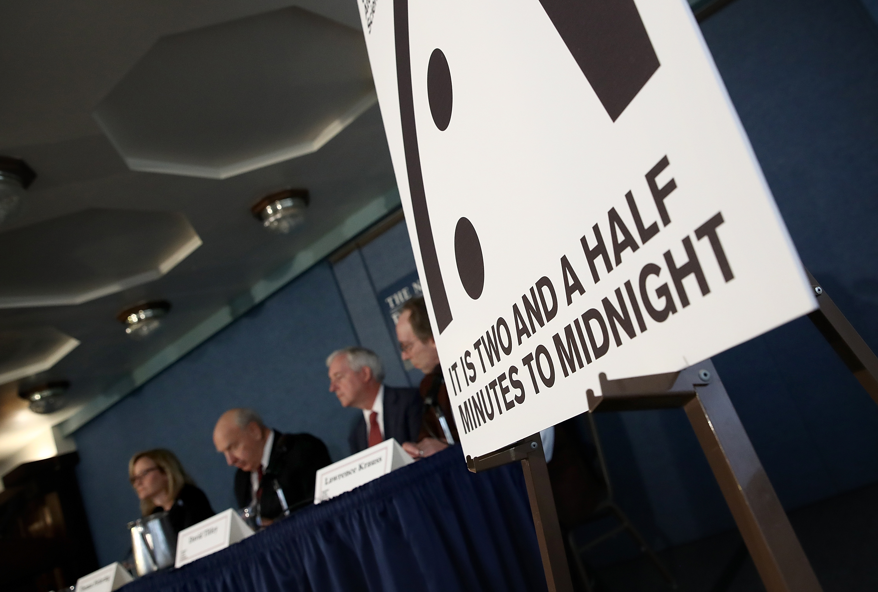 Members of the Bulletin of Atomic Scientists deliver remarks on the 2017 time for the "Doomsday Clock" on Jan. 26, 2017 in Washington, DC. (Win McNamee/Getty Images)