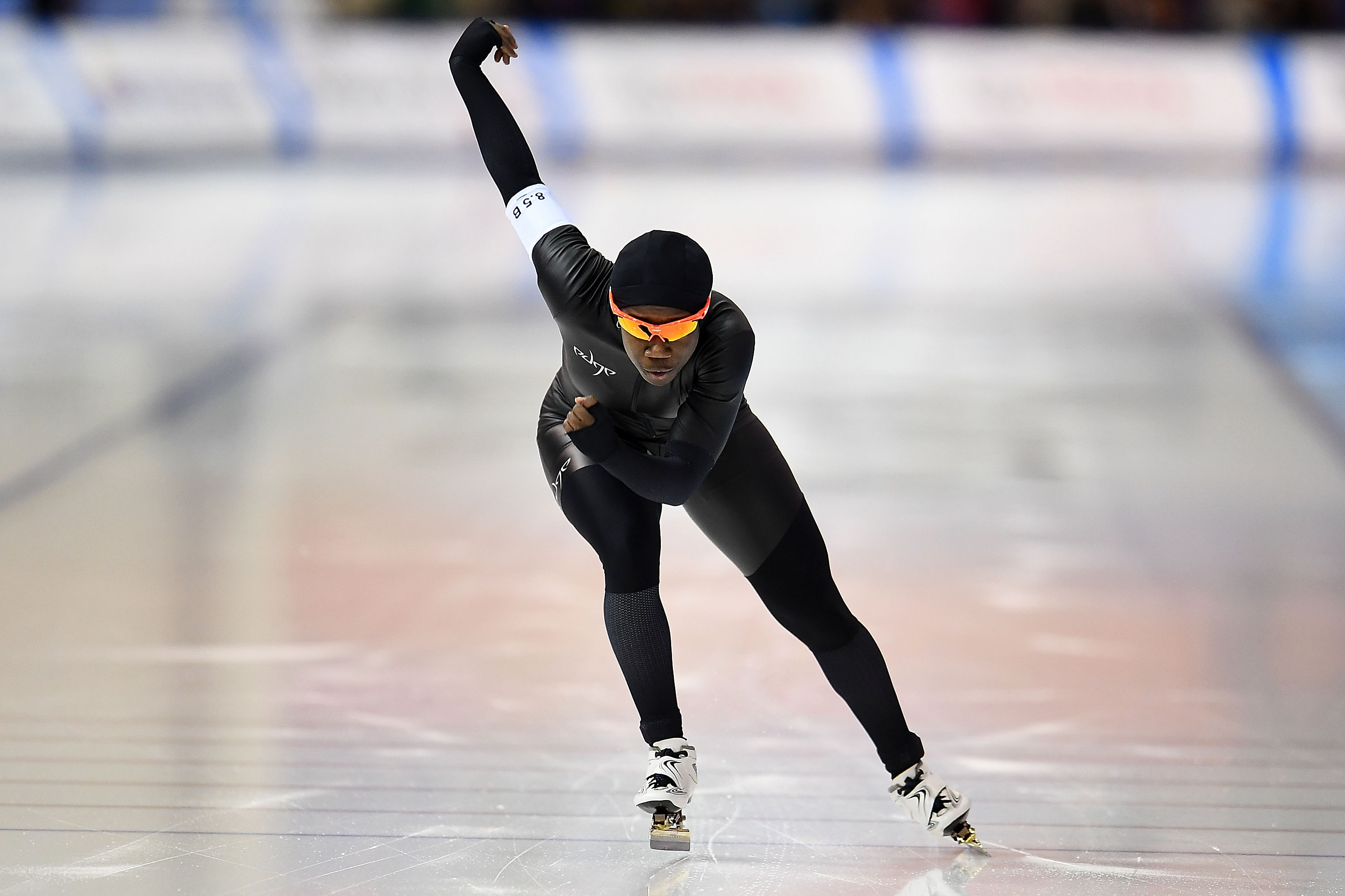 Erin Jackson competes in the Ladies 500 meter event during the Long Track Speed Skating Olympic Trials at the Pettit National Ice Center on January 5, 2018 in Milwaukee, Wisconsin. (Stacy Revere—Getty Images)
