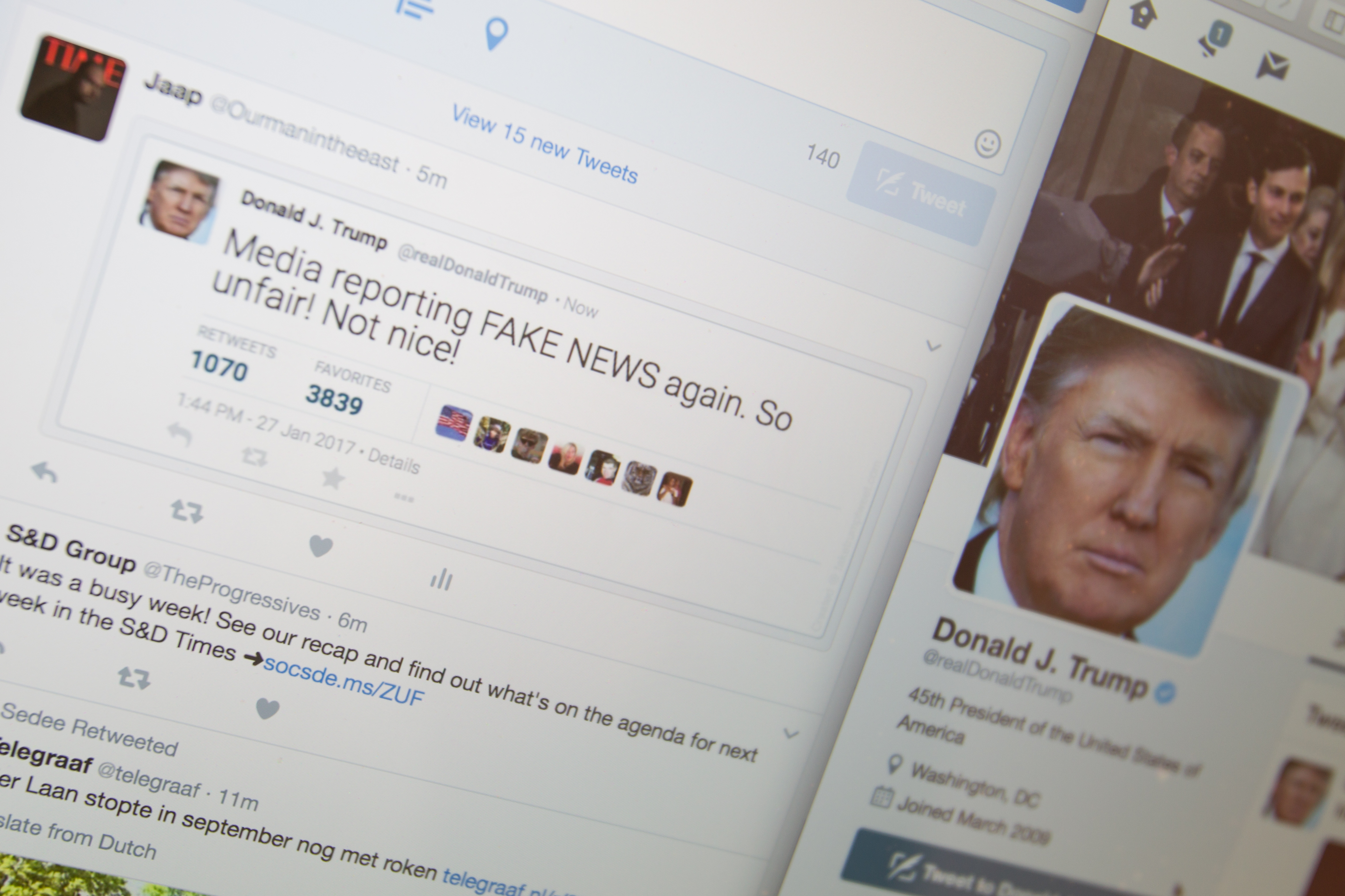 Fake Donald Trump tweets are seen in a Twitter timeline on 27 Friday, 2017. In China a site that generates fake tweets that look as if they were generated by US president Donald Trump are being used to mock the president. (NurPhoto—NurPhoto/Getty Images)