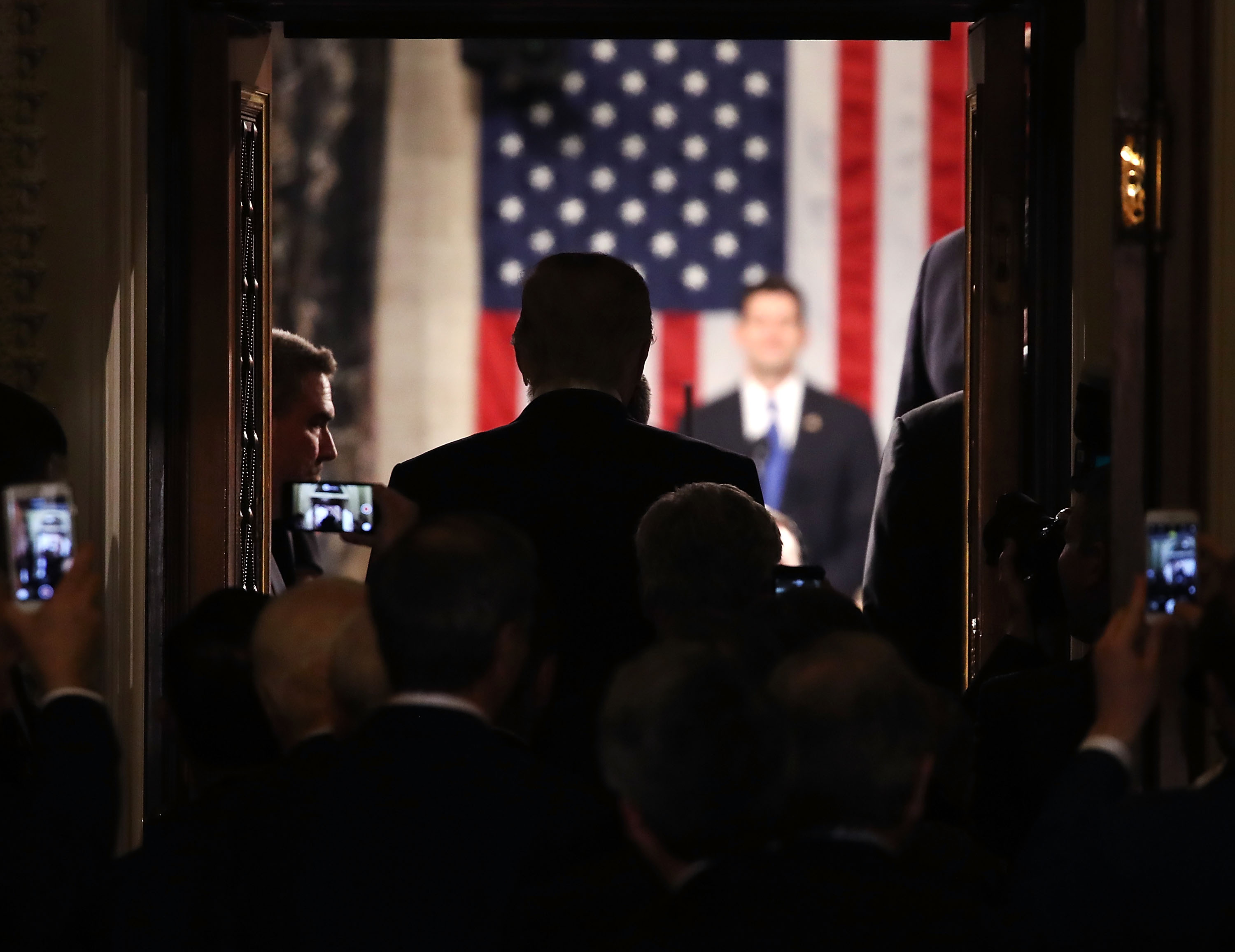 U.S. President Donald Trump stands in the doorway of the House chamber while being introduced to speak before a joint session of Congress on Feb. 28, 2017 in Washington, DC. (Mark Wilson—Getty Images)