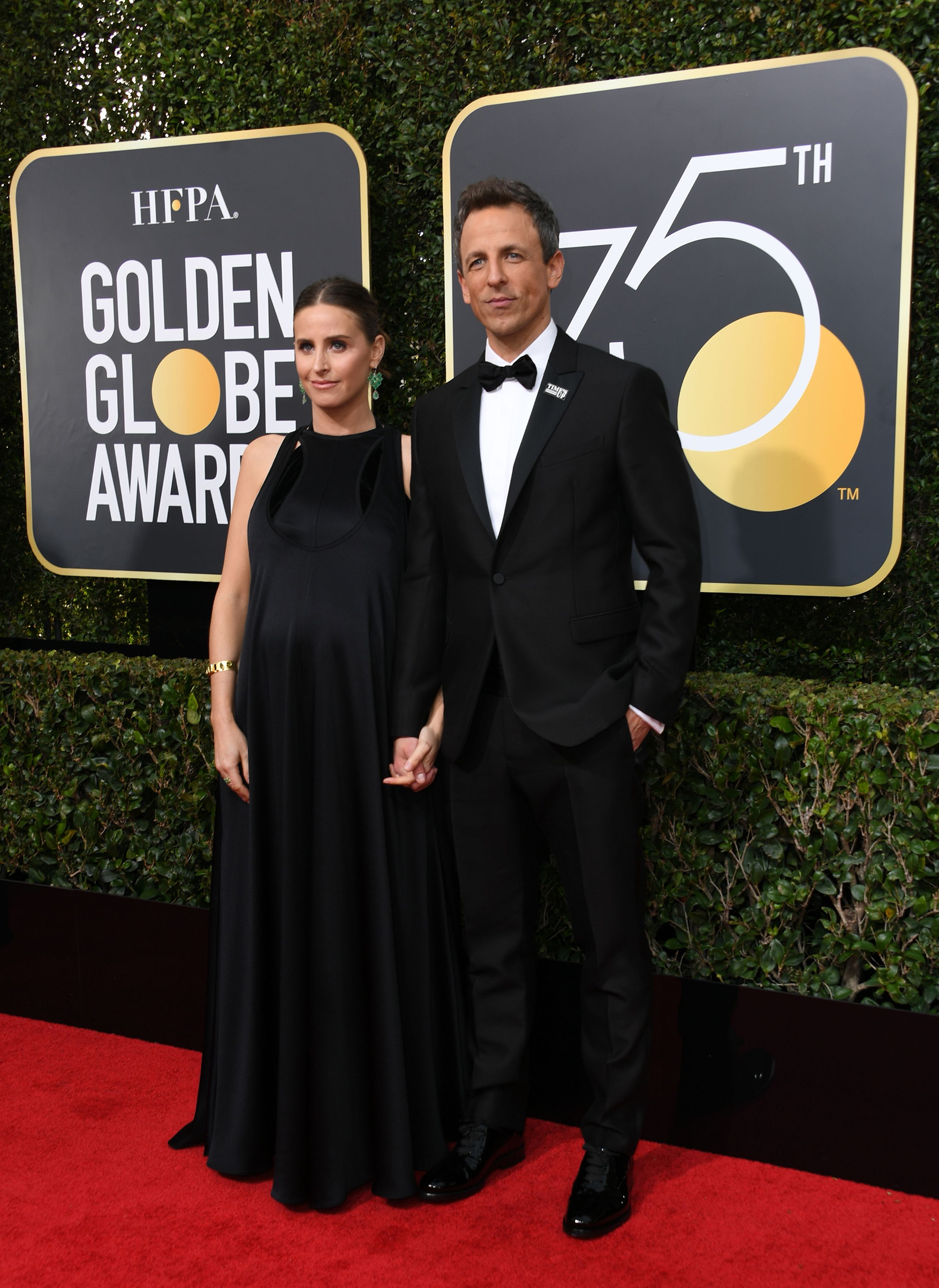 Seth Meyers and Alexi Ashe arrive for the 75th Golden Globe Awards on January 7, 2018, in Beverly Hills, California.
