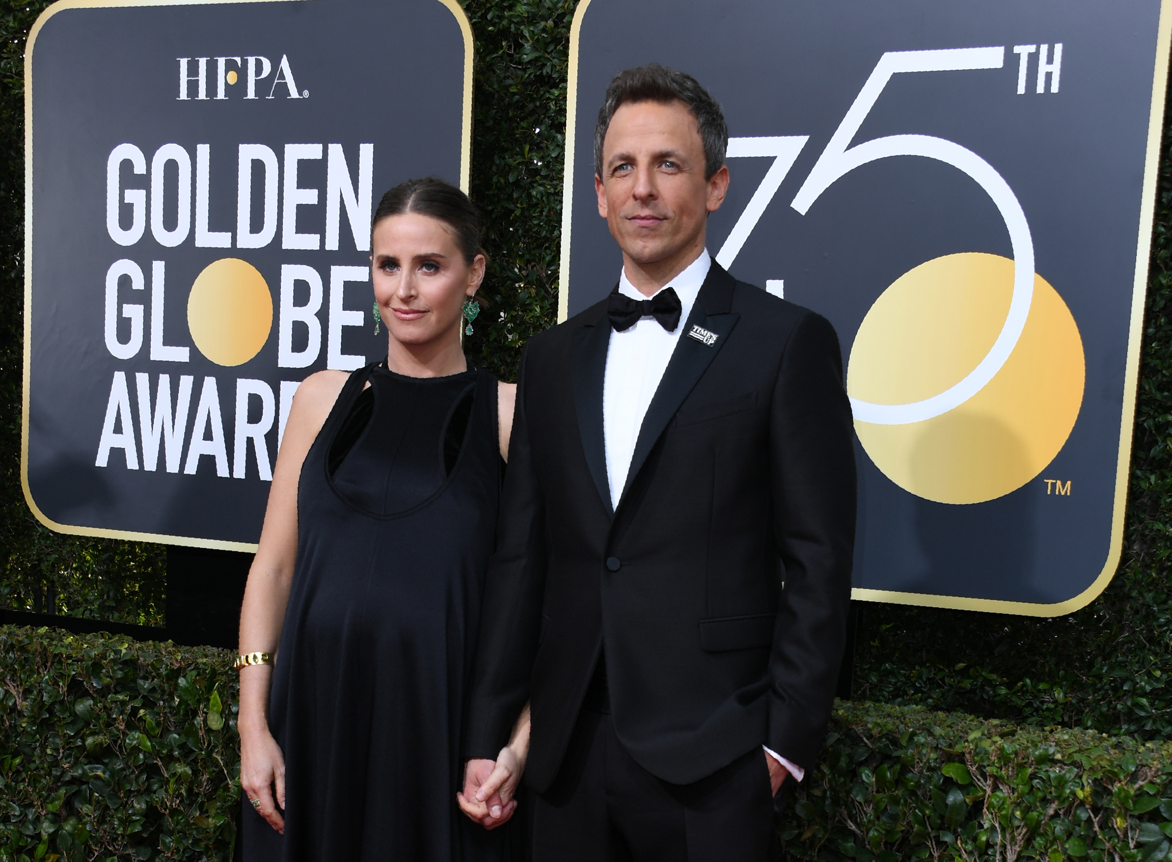 Seth Meyers and Alexi Ashe arrive for the 75th Golden Globe Awards on January 7, 2018, in Beverly Hills, California. (Valerie Macon—AFP/Getty Images)