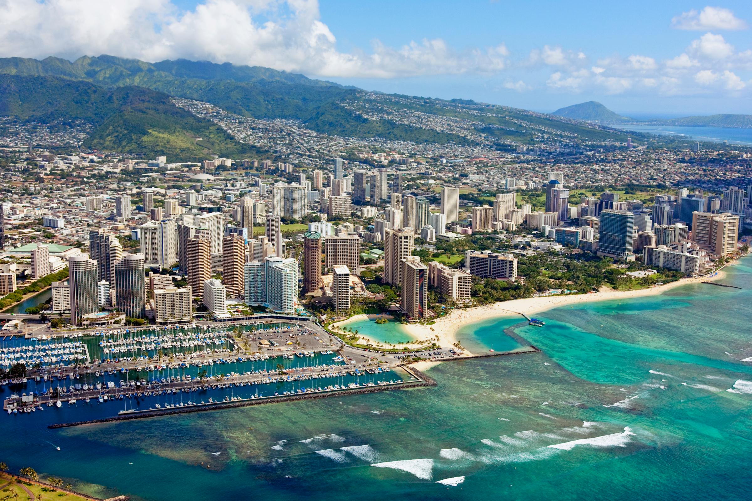 Hawaii, Oahu, Honolulu, Aerial Of Waikiki Hotels And Ala Wai Yacht Harbor.