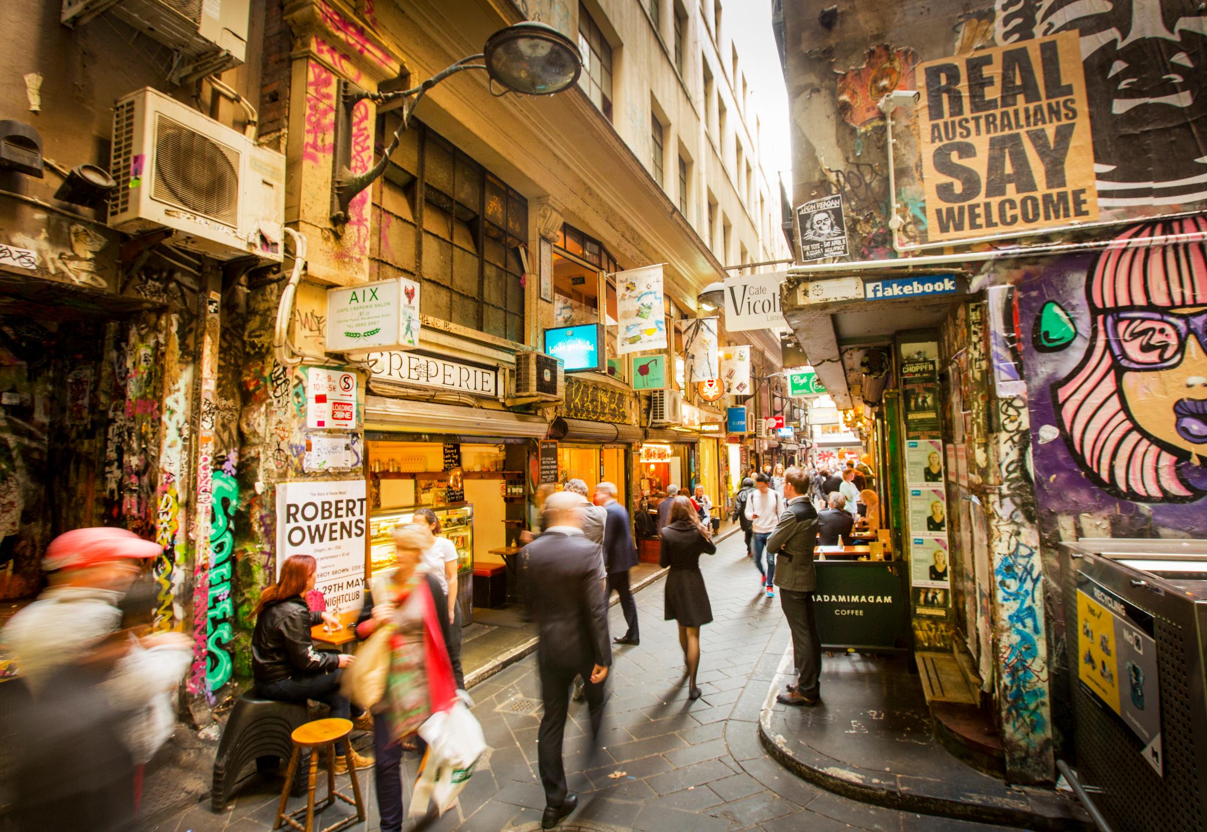 Cafes and people in laneways