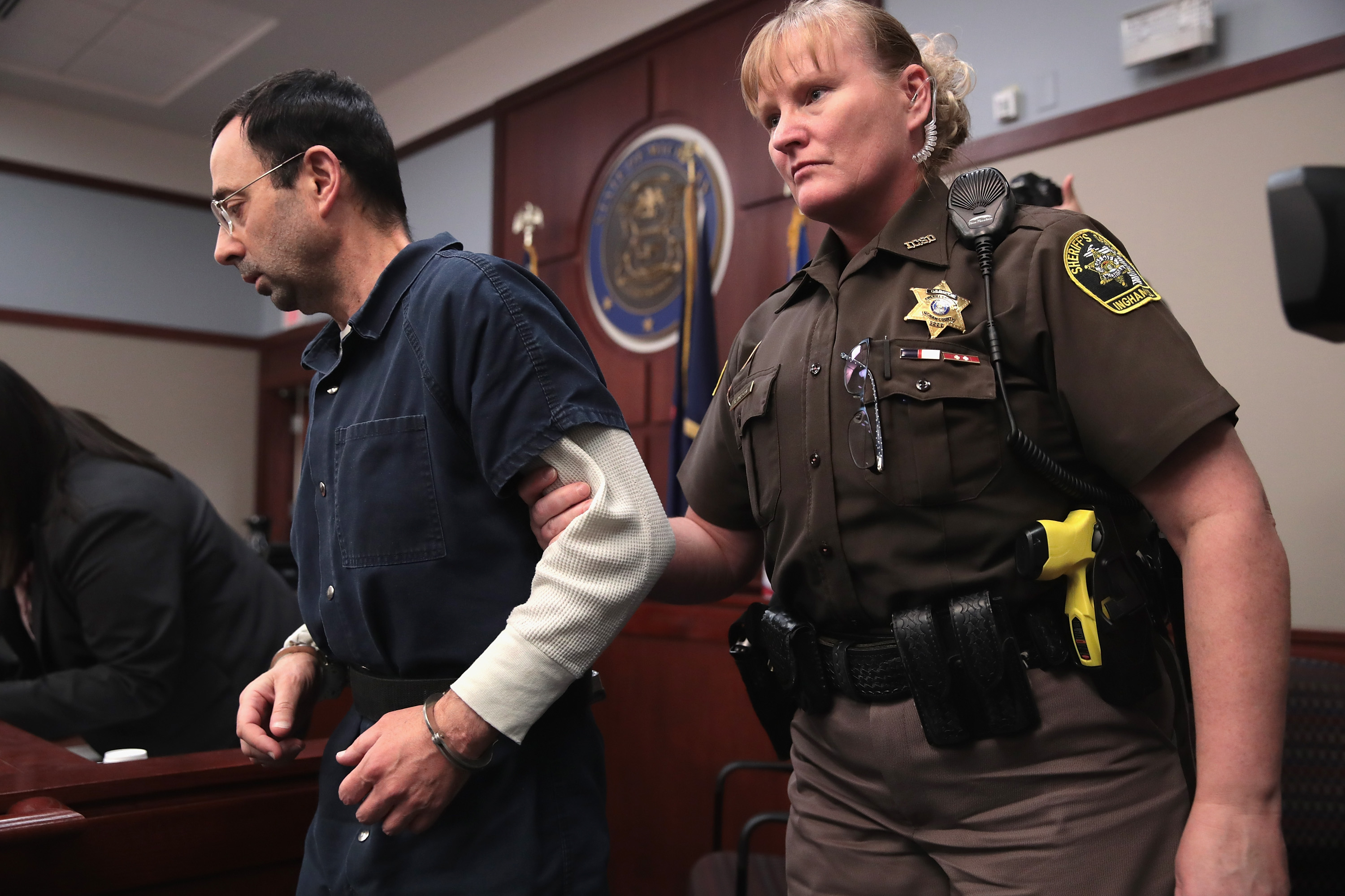 Larry Nassar appears in court to listen to victim impact statements during his sentencing hearing after being accused of molesting more than 100 girls while he was a physician for USA Gymnastics and Michigan State University on Jan. 17, 2018 in Lansing, Michigan. (Scott Olson—Getty Images)