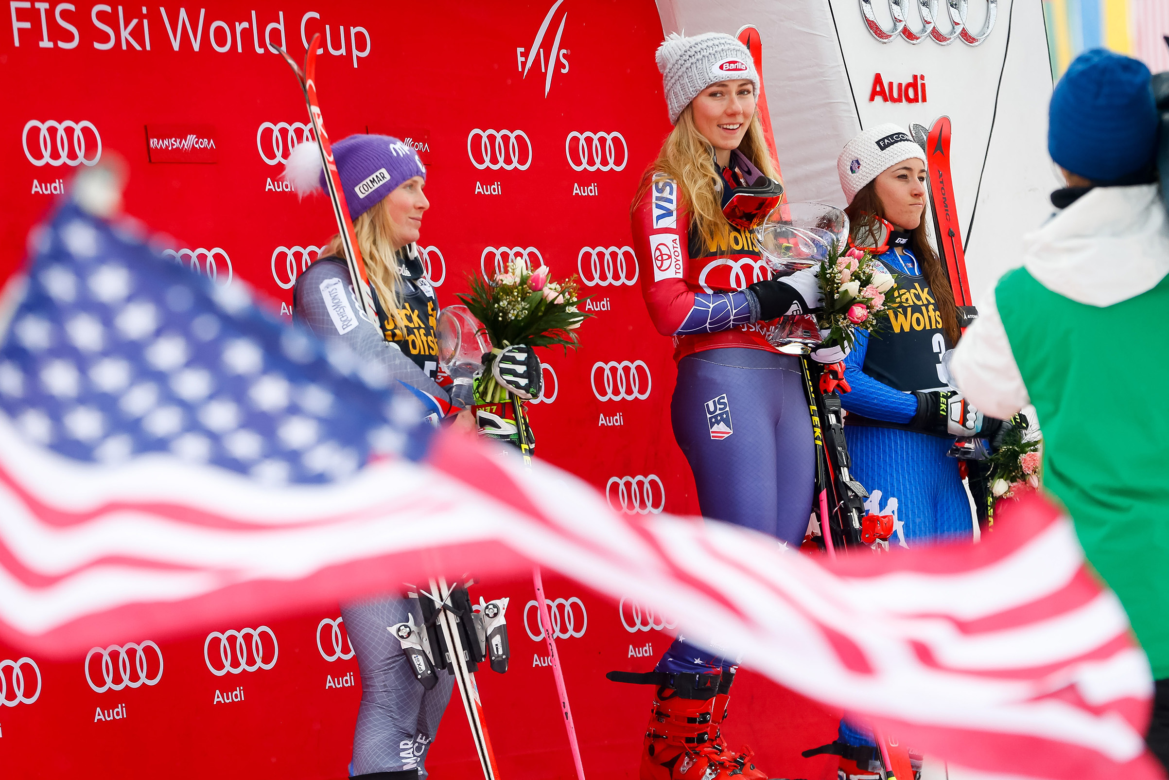 Shiffrin atop the podium at the World Cup giant-slalom race in Kranjska Gora, Slovenia, on Jan. 6 (Christophe Pallot—Agence Zoom/Getty Images)