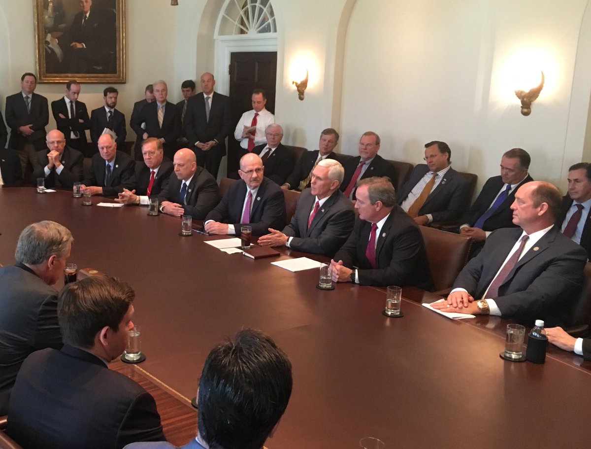 Trump and Vice President Mike Pence meet with the House Freedom Caucus. (The White House)