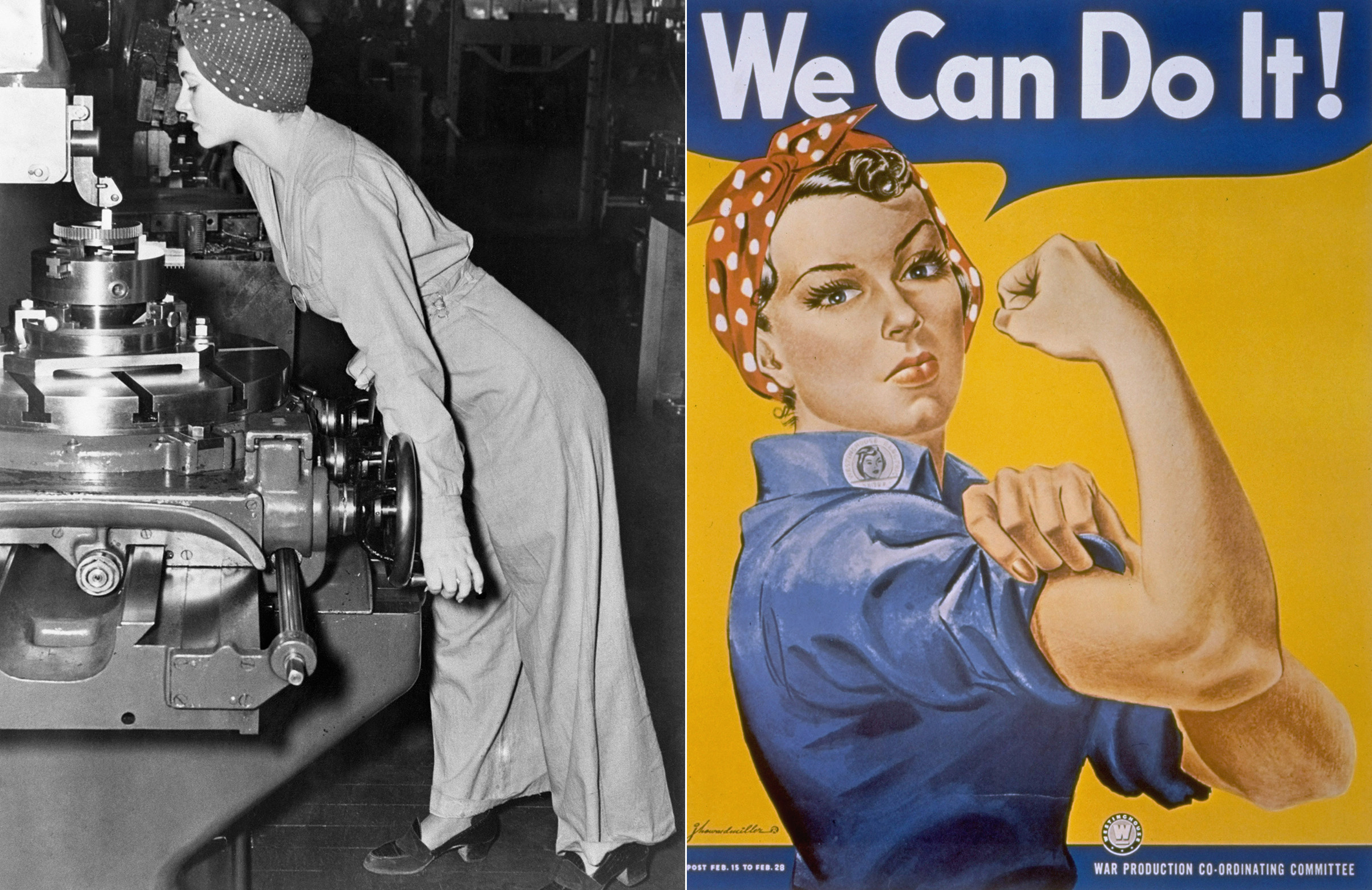 At left, the 1942 wire image of Naomi Parker at work in California. At right, the 'We Can Do It' poster by J. Howard Miller. (Bettmann / Getty Images (L) ; Time Life Pictures / The LIFE Picture Collection / Getty Images (R))