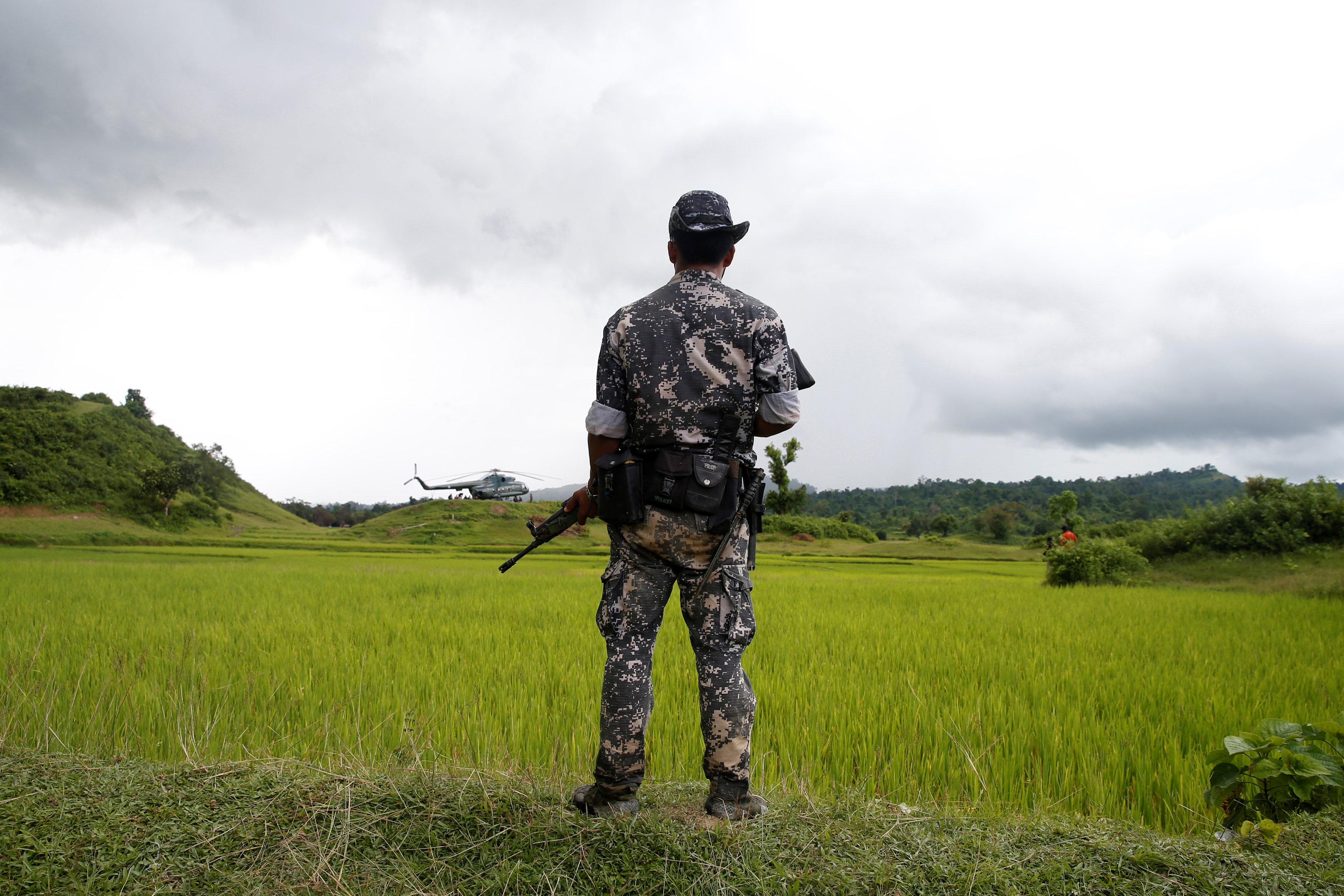 A Myanmar soldier stands near Maungdaw, north of Rakhine state