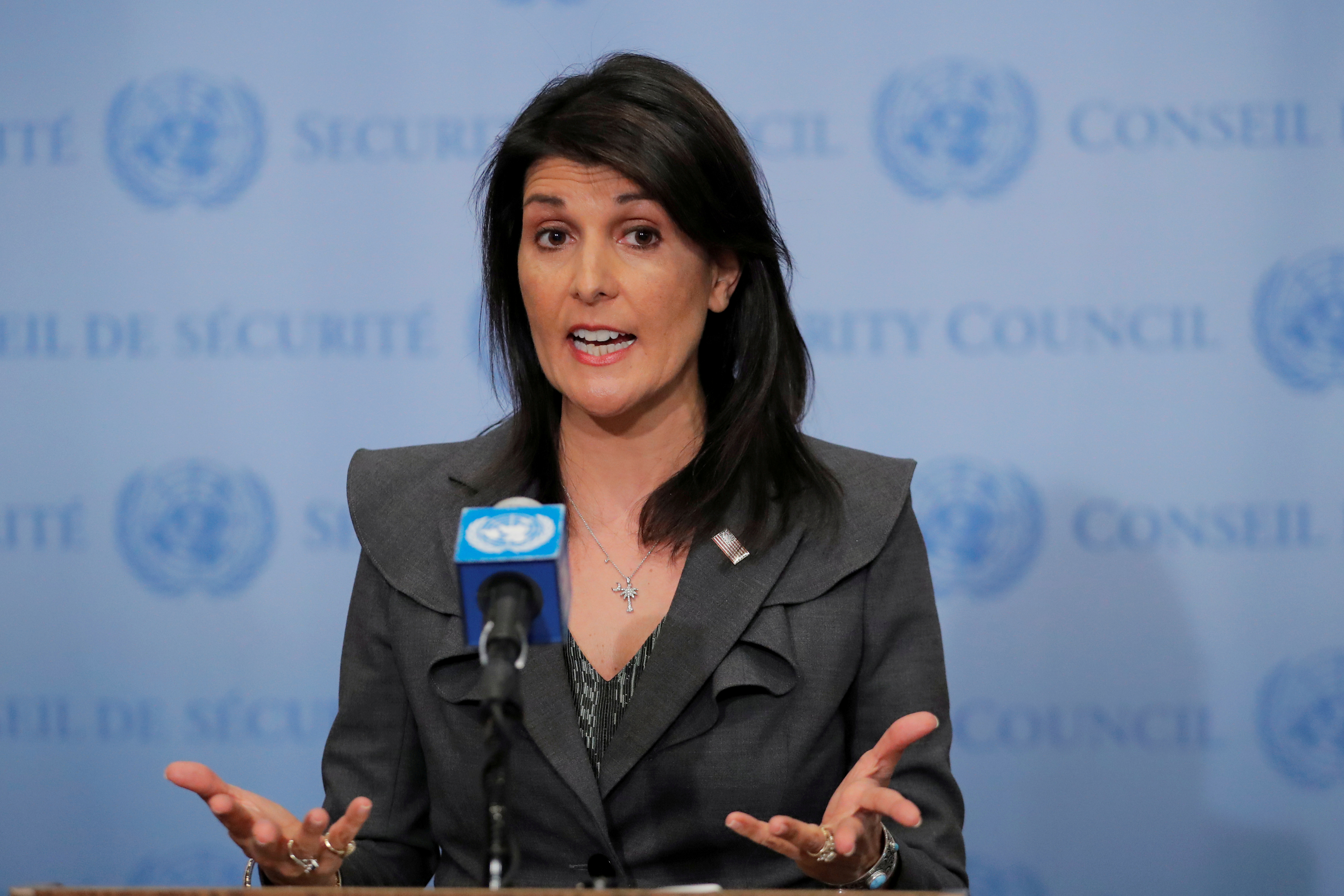 FILE PHOTO:  U.S. Ambassador to the United Nations Nikki Haley speaks at UN headquarters in New York