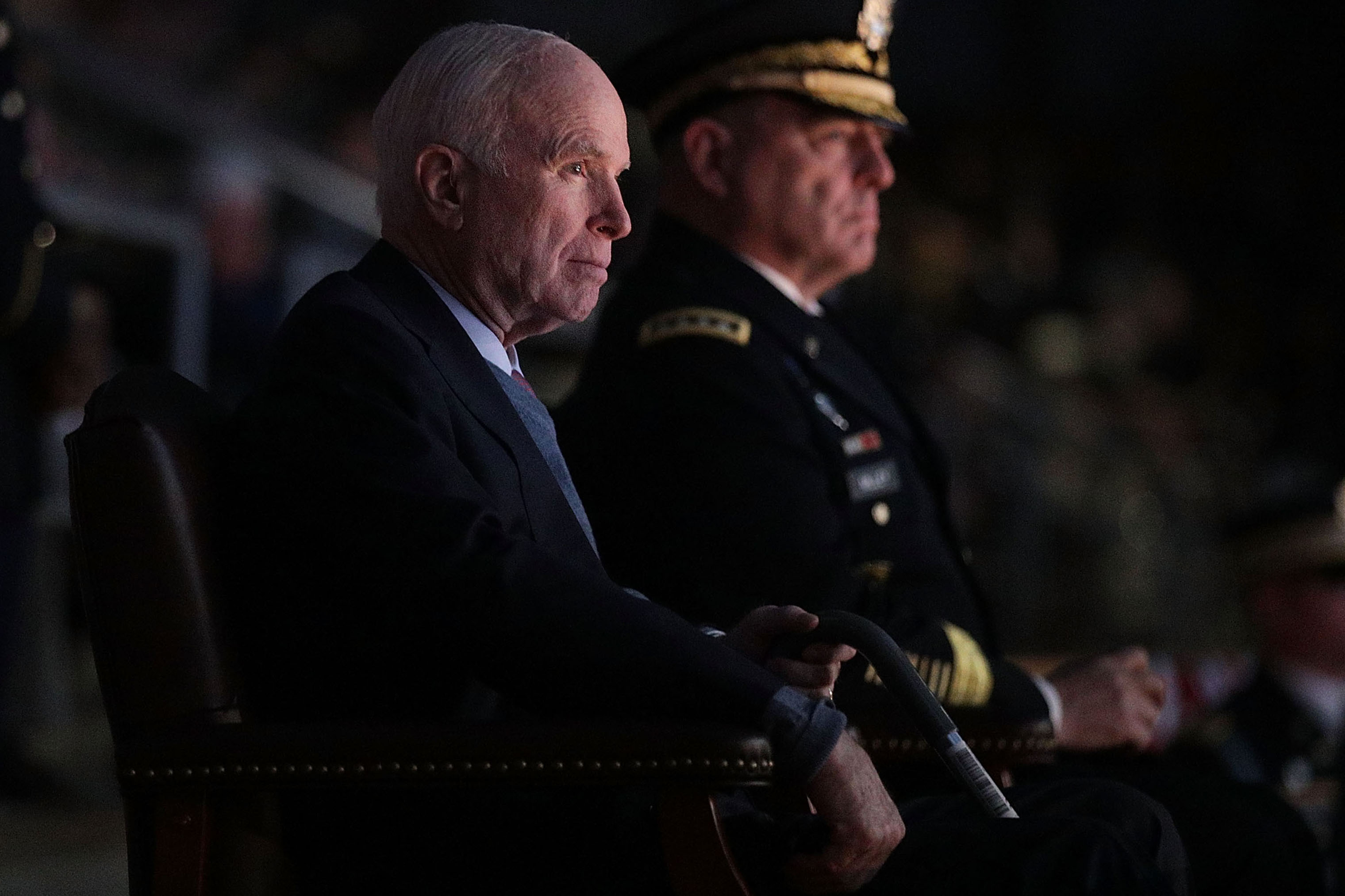 Staff Gen. Mark A. Milley and Sen. John McCain at Fort Myer where McCain was honored with the Outstanding Civilian Service Medal for over 63 years of dedicated service to the nation and the U.S. Navy on Nov. 14, 2017. (Alex Wong—Getty Images)