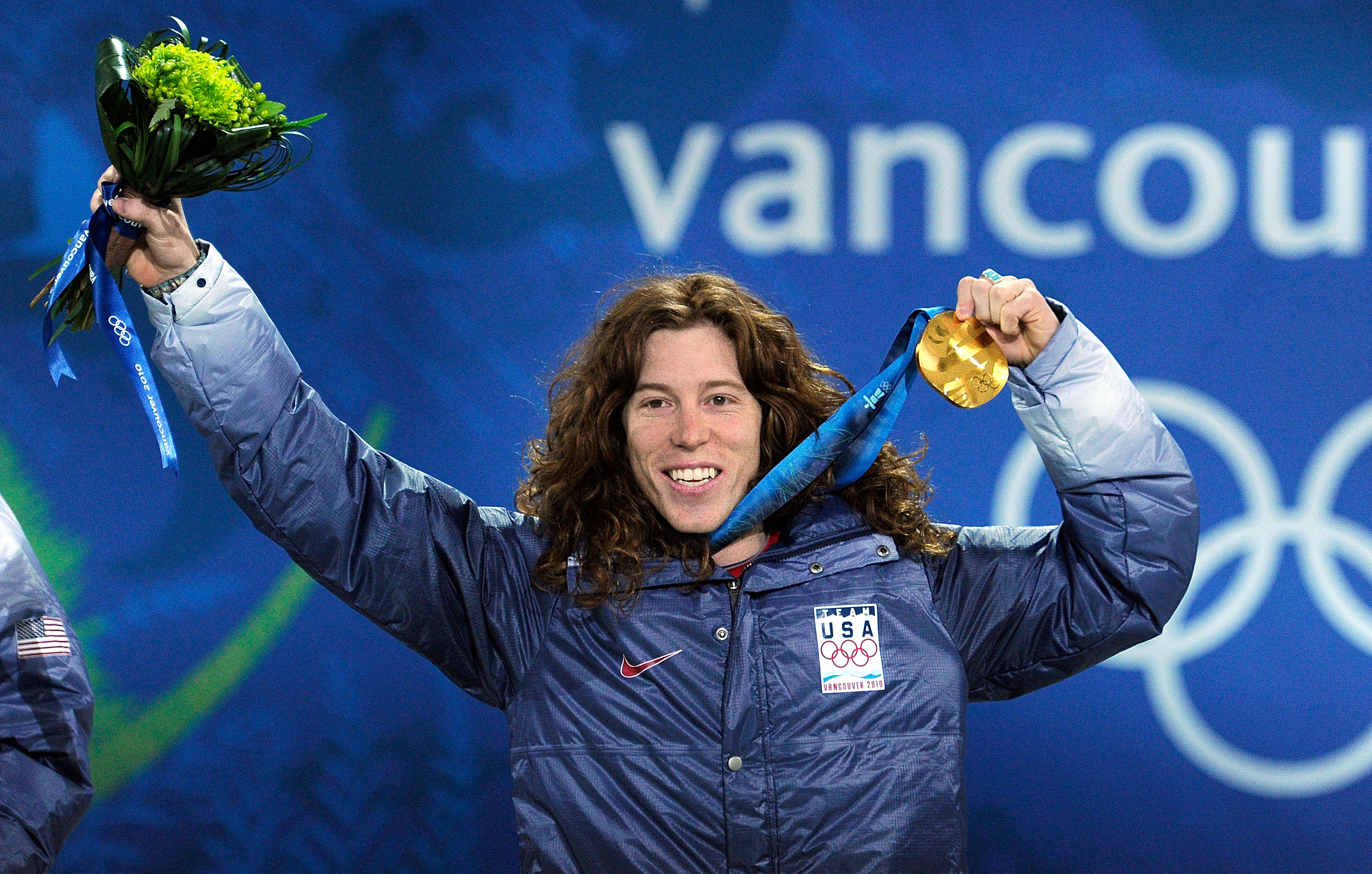 Shaun White of United States celebrates his gold medal during the 2010 Vancouver medal ceremony for the Men's Halfpipe in Canada. Kevork Djansezian—Getty Images (Kevork Djansezian—Getty Images)