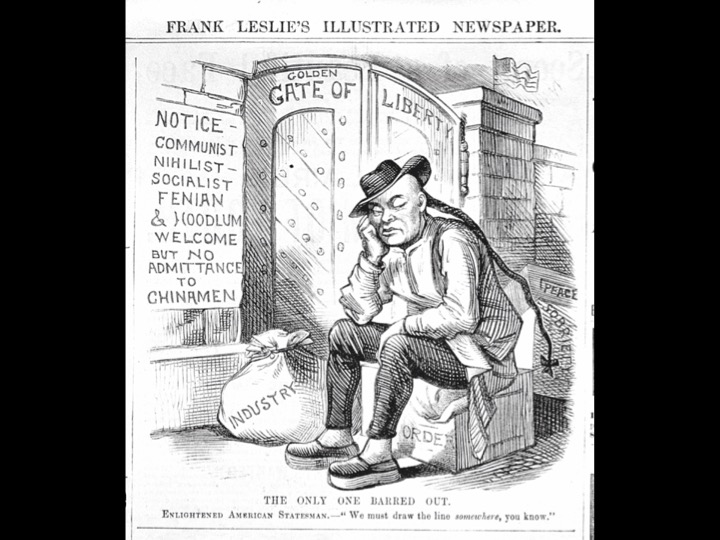 An 1882 editorial cartoon protests the hypocrisy of the Chinese Exclusion Act and how hypocritical it is to let some communists into the U.S. but not Chinese people.