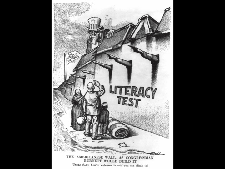 Raymond O. Evans's 1916 cartoon in Puck magazine pokes fun at ridiculously hard literacy tests that were a barrier to voting.