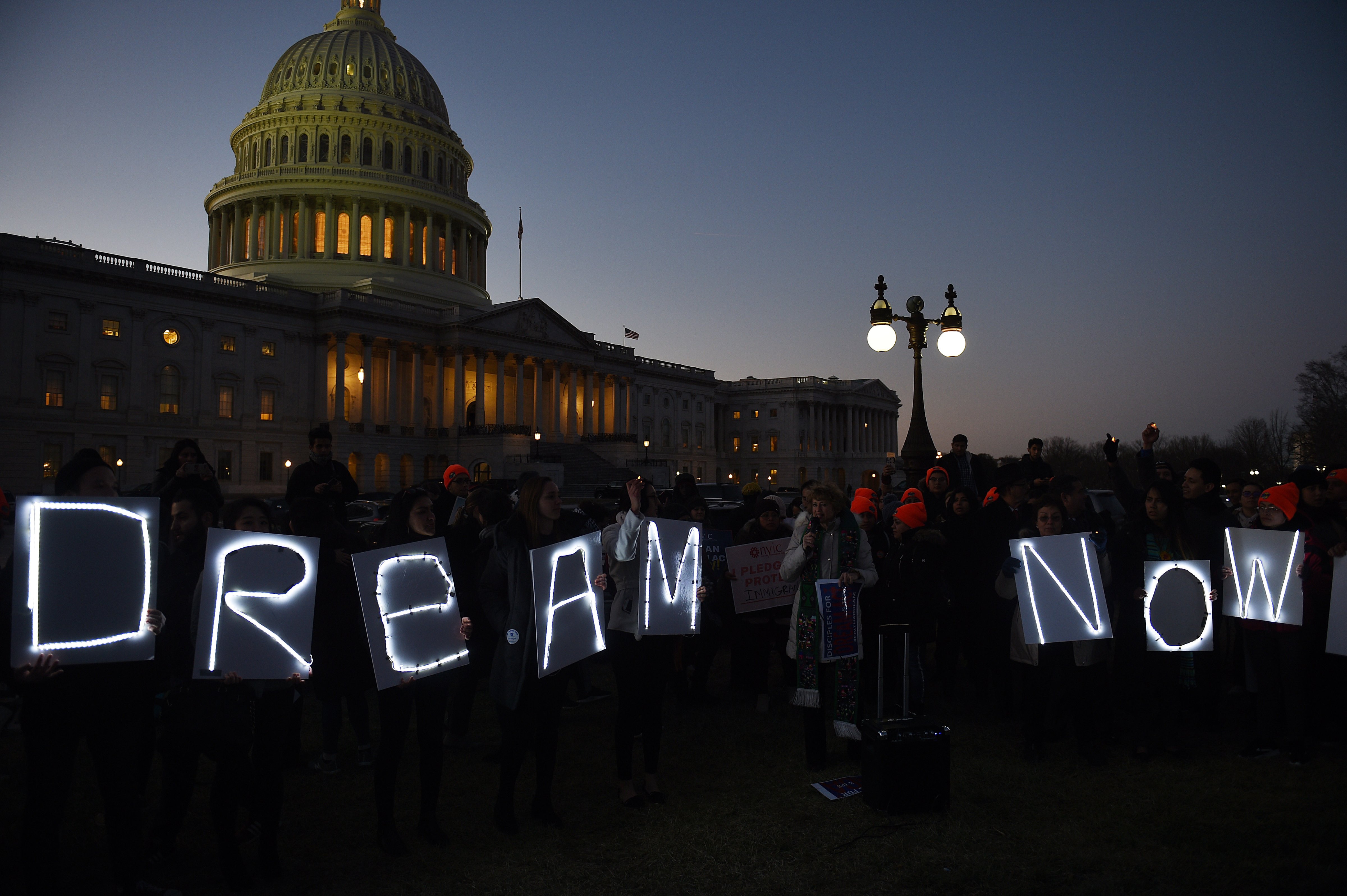 Dreamers protest outside the U.S. Capitol while lawmakers struggle to avoid an impending government shutdown on Jan. 18, 2018. Democrats threatened with a shutdown as long as no clean DREAM act solutions is made. (Astrid Riecken—The Washington Post/Getty Images)