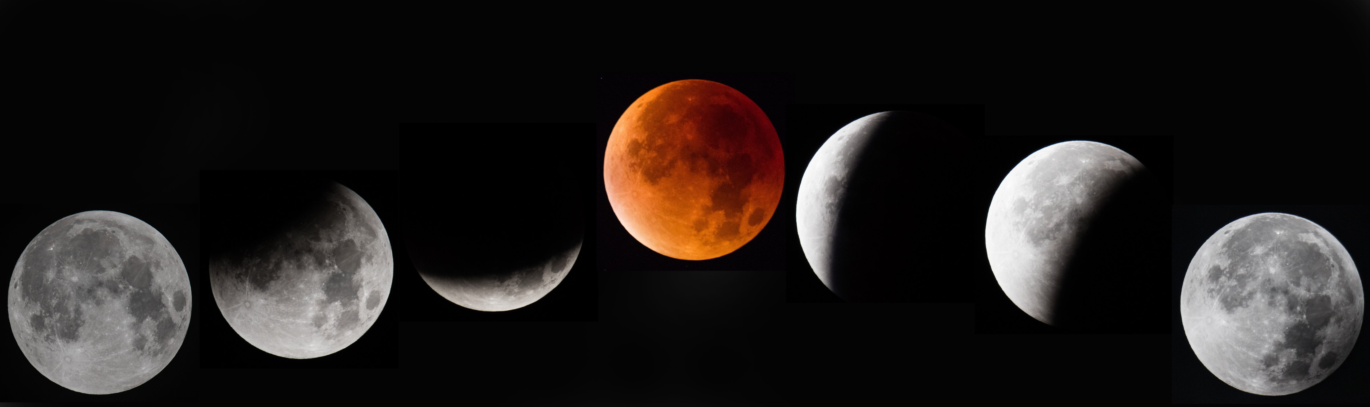 In this composite image of seven different photographs the moon is seen as it enters and leaves a lunar eclipse on September 28, 2015 in Glastonbury, England. (Matt Cardy—Getty Images)