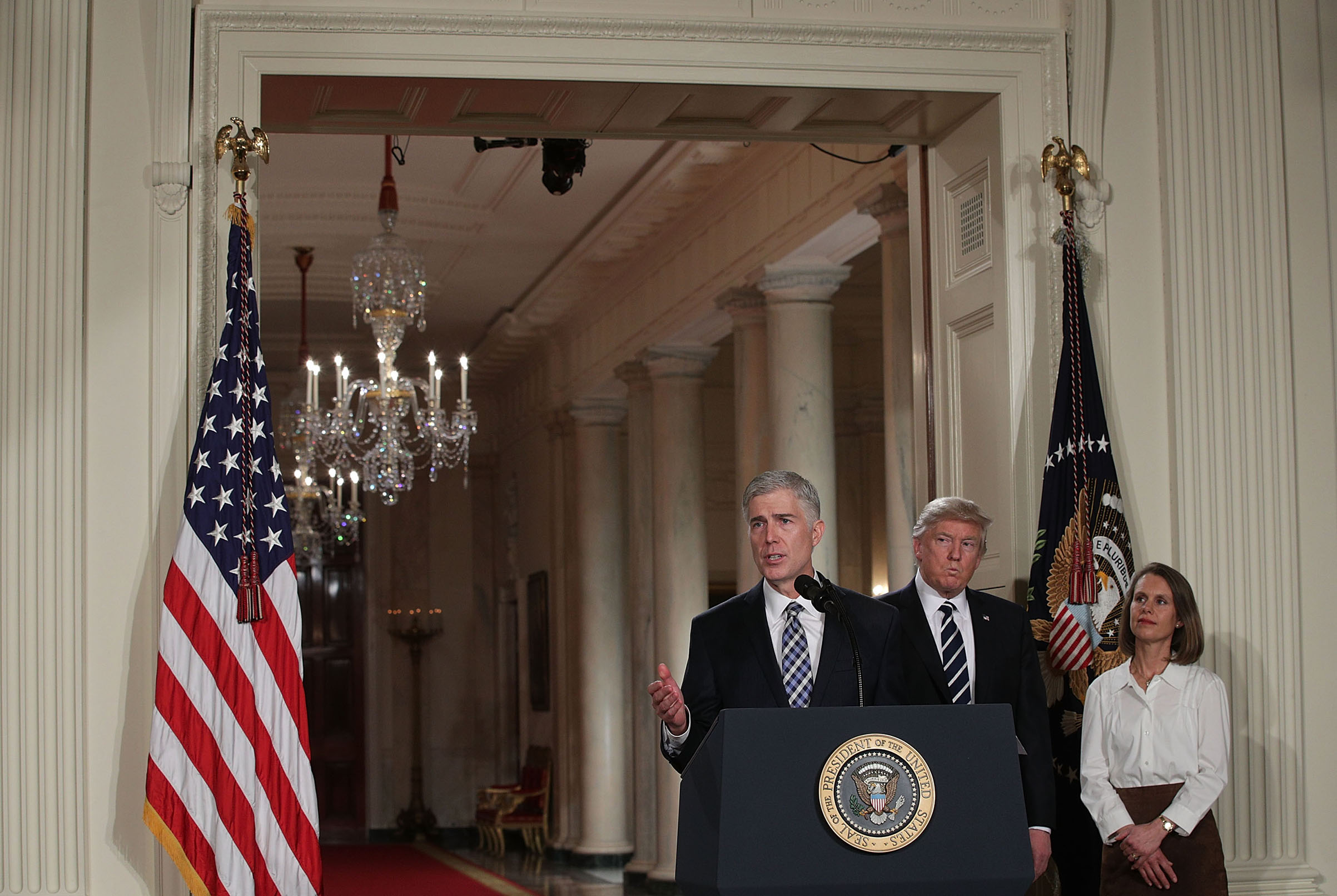 Judge Neil Gorsuch speaks to the crowd on Jan. 31, 2017 after President Donald Trump nominated him to the Supreme Court. (Alex Wong—Getty Images)