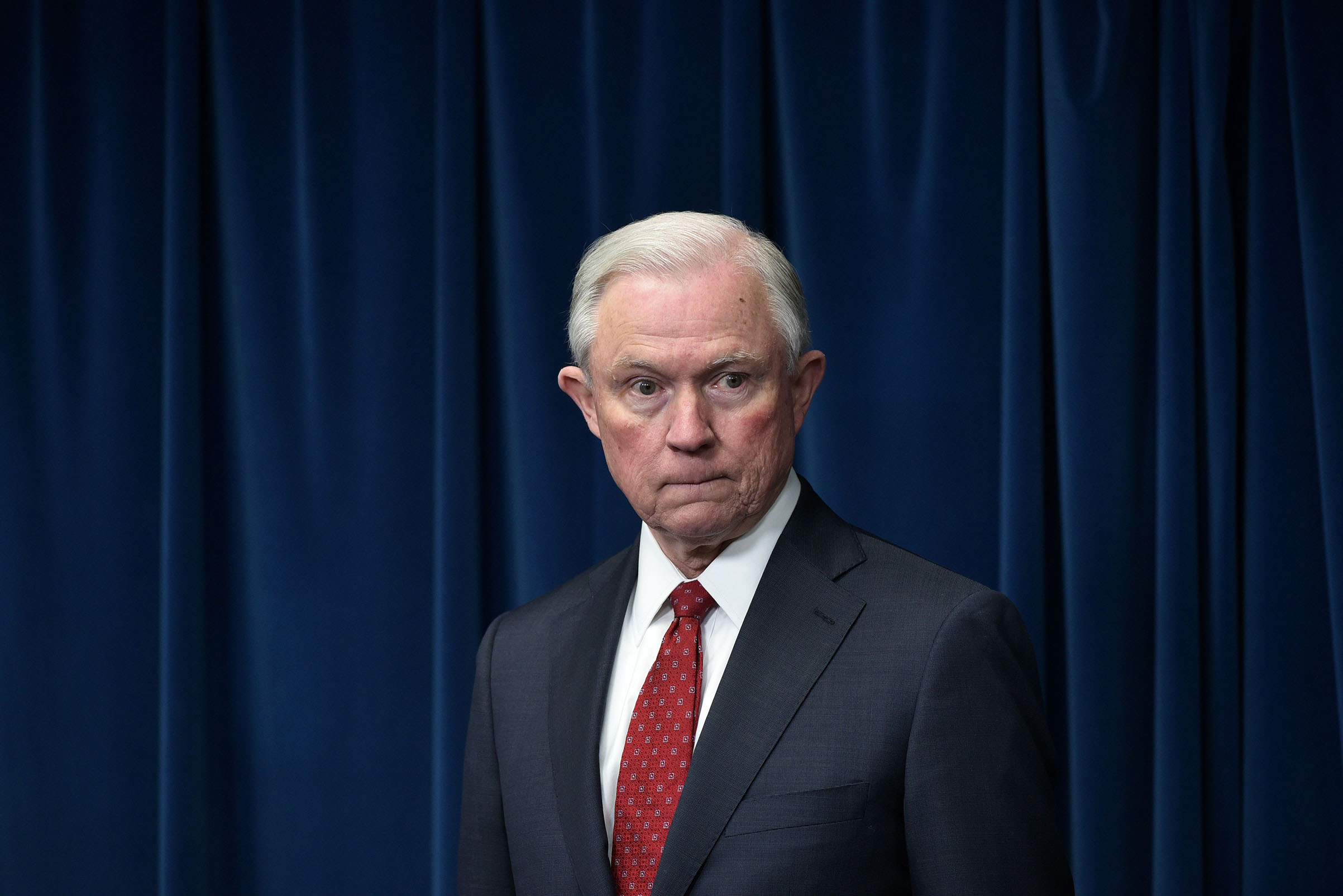 Attorney General Jeff Sessions waits for his turn to speak at the US Customs and Border Protection Press Room on March 6, 2017. (Mandel Ngan—AFP/Getty Images)