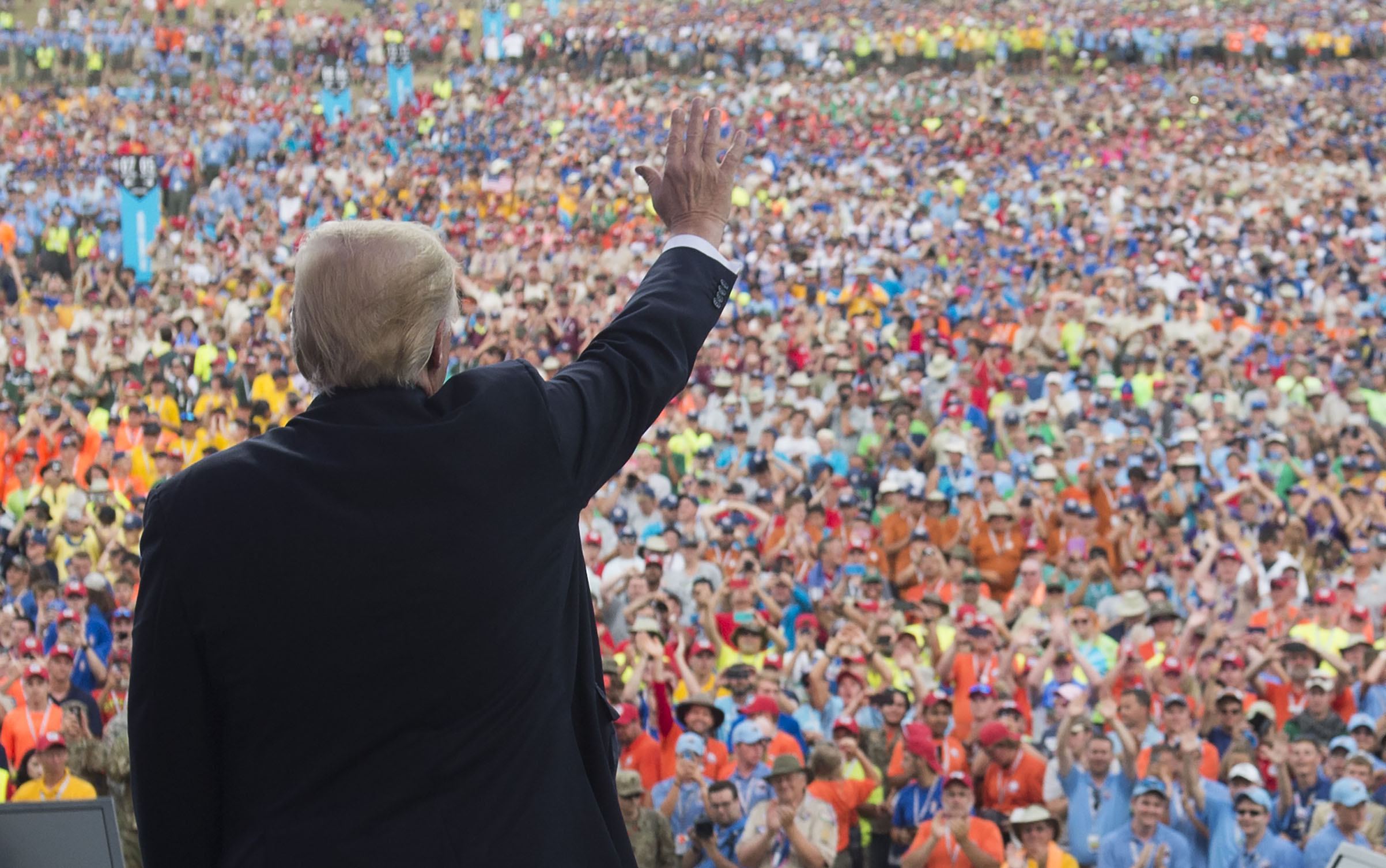 President Donald Trump waves after speaking to Boy Scouts during the National Boy Scout Jamboree on July 24, 2017. (Saul Loeb—AFP/Getty Images)