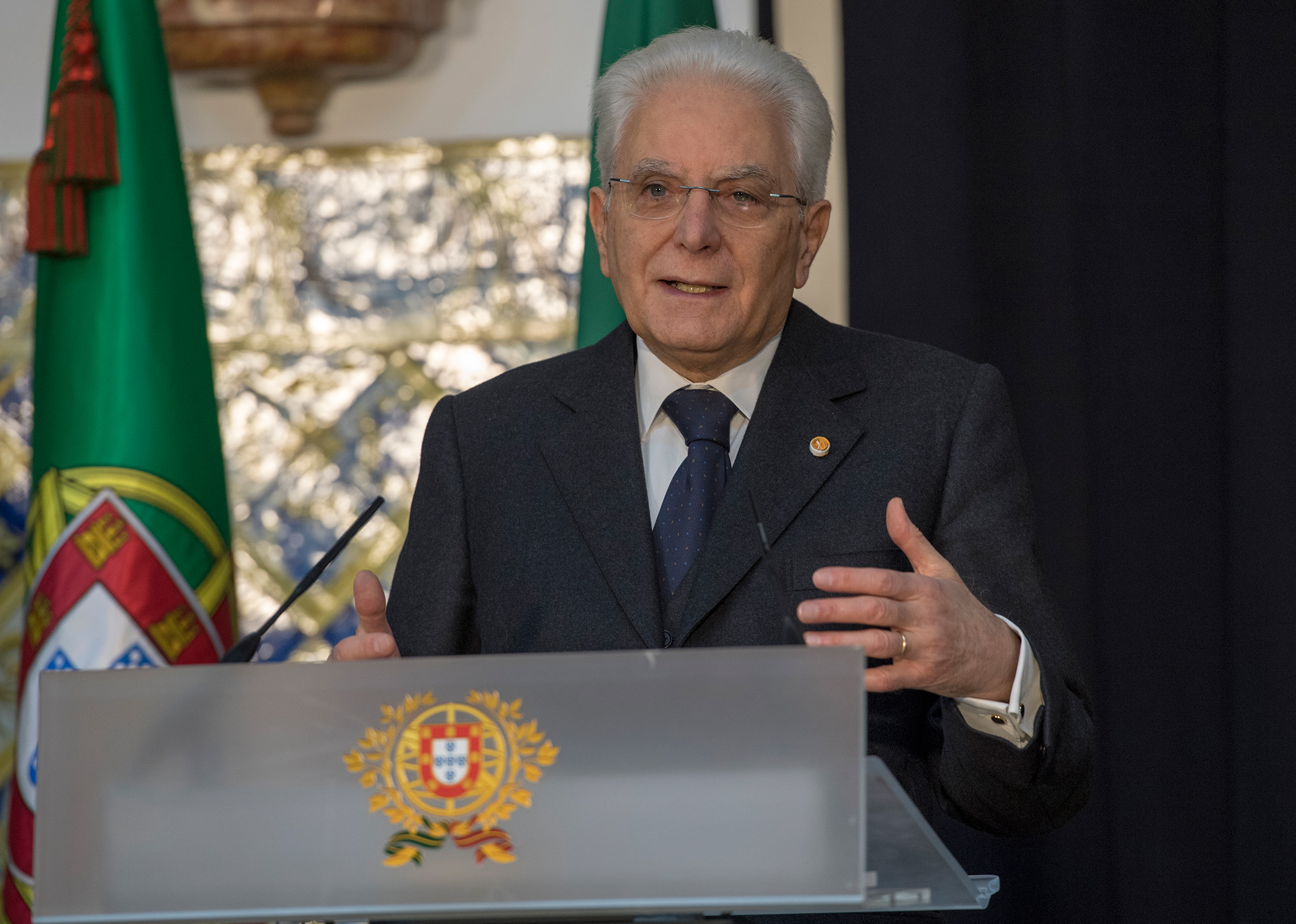 Italian President Sergio Mattarella delivers remarks at the end of his meeting with Portuguese President in Belem Presidential Palace on Dec. 06, 2017 in Lisbon, Portugal. (Horacio Villalobos - Corbis/Getty Images)