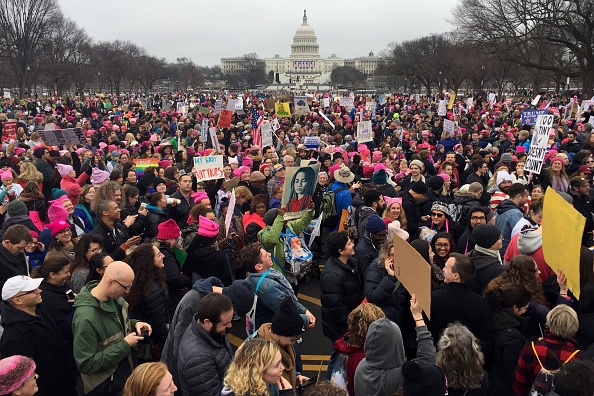 Demonstrators protest on the National Mall in Washington, DC, for the 2017 Women's march