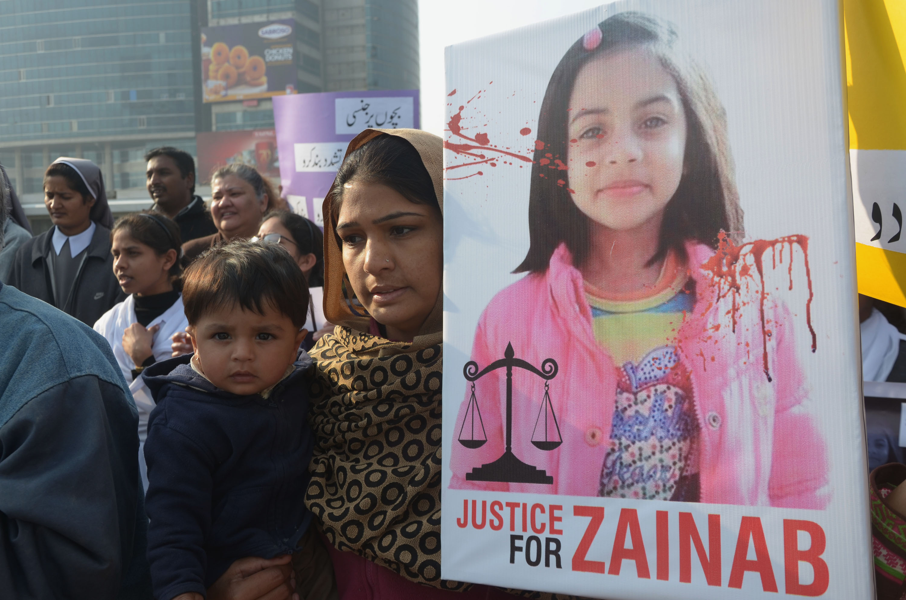 Pakistani Activists of Cecil Chaudhry and Iris Foundation (CCIF) holding placards chant slogans to protest the rape and murder of seven year old Zainab Ansari in Kasur District at Liberty Chowk in Lahore on January 14, 2018. Hundreds of protesters enraged over the murder of a young girl threw stones at government buildings in a Pakistani city near the Indian border for a second day January 11, amid growing outrage over the killing. (Photo by Rana Sajid Hussain—Pacific Press/LightRocket/Getty Images)
