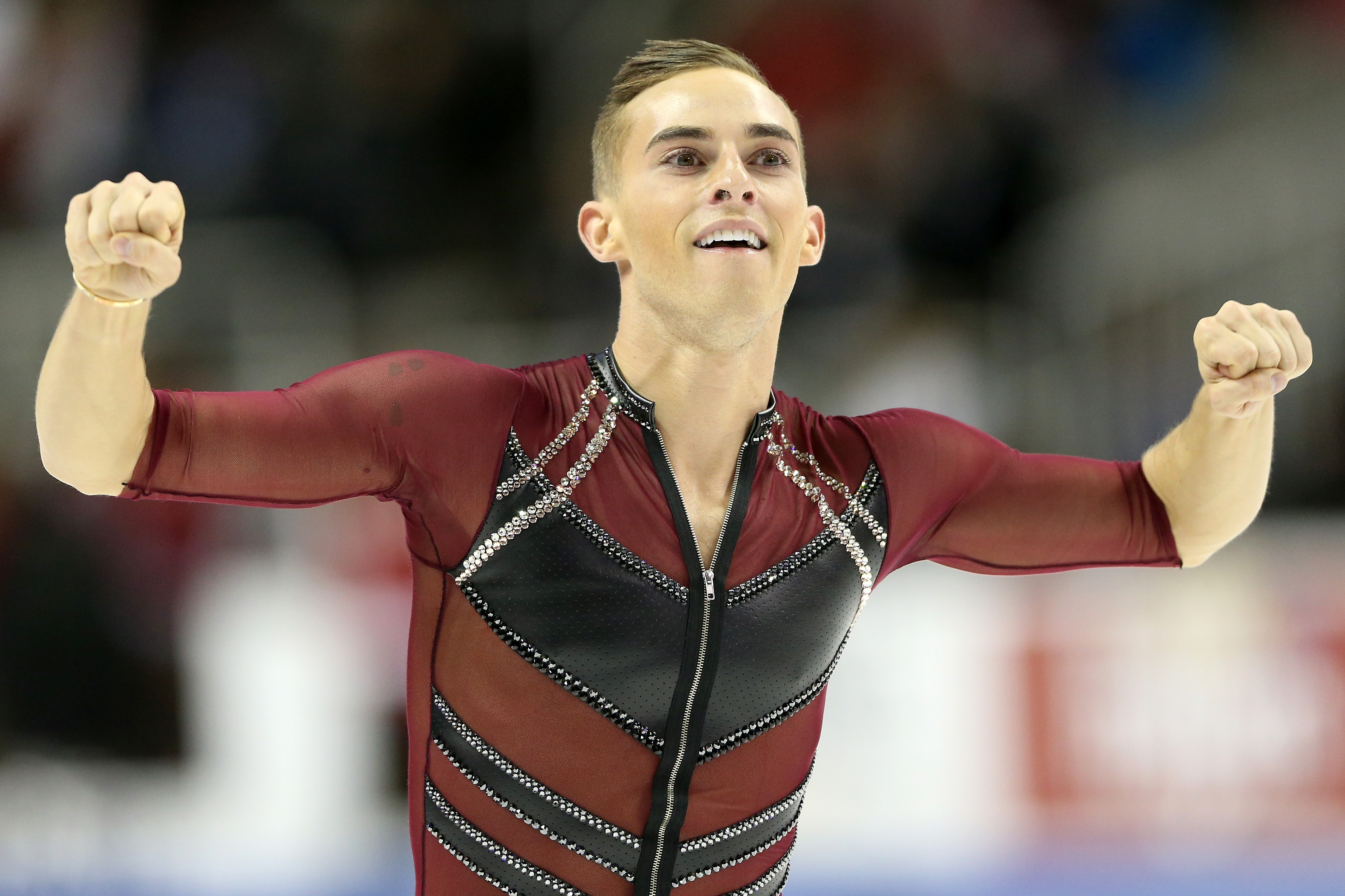 Adam Rippon reacts at the end of his program during the Men's Short Program during the 2018 Prudential U.S. Figure Skating Championships at the SAP Center on January 4, 2018 in San Jose, California. (Matthew Stockman—Getty Images)