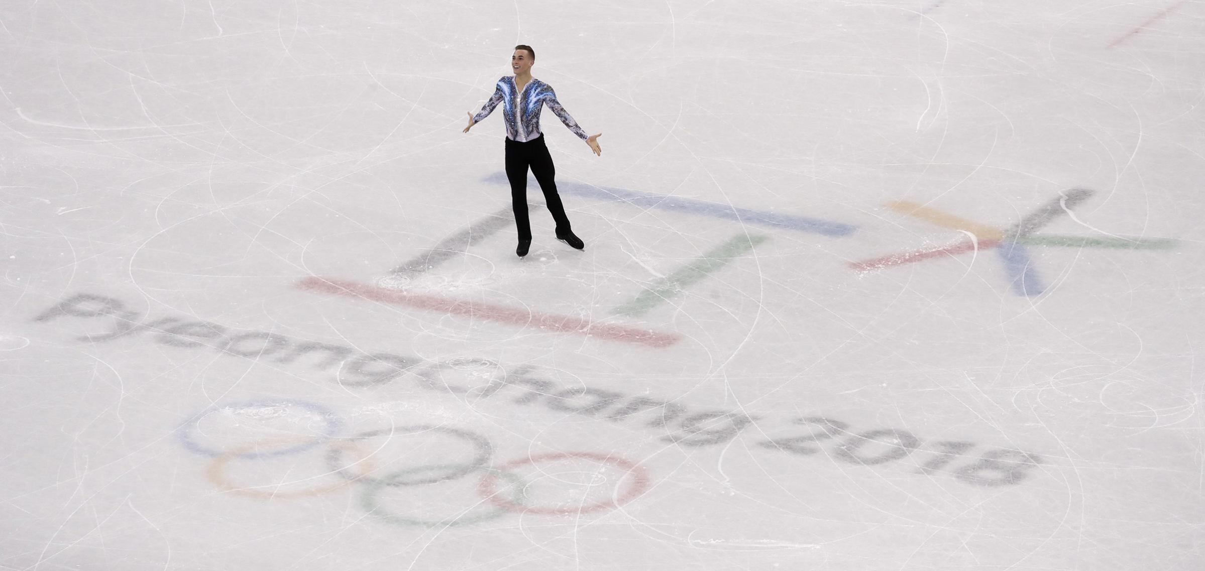 Adam Rippon of the United States performs in the men's single skating free skating in the Gangneung Ice Arena at the 2018 Winter Olympics in Gangneung, South Korea.