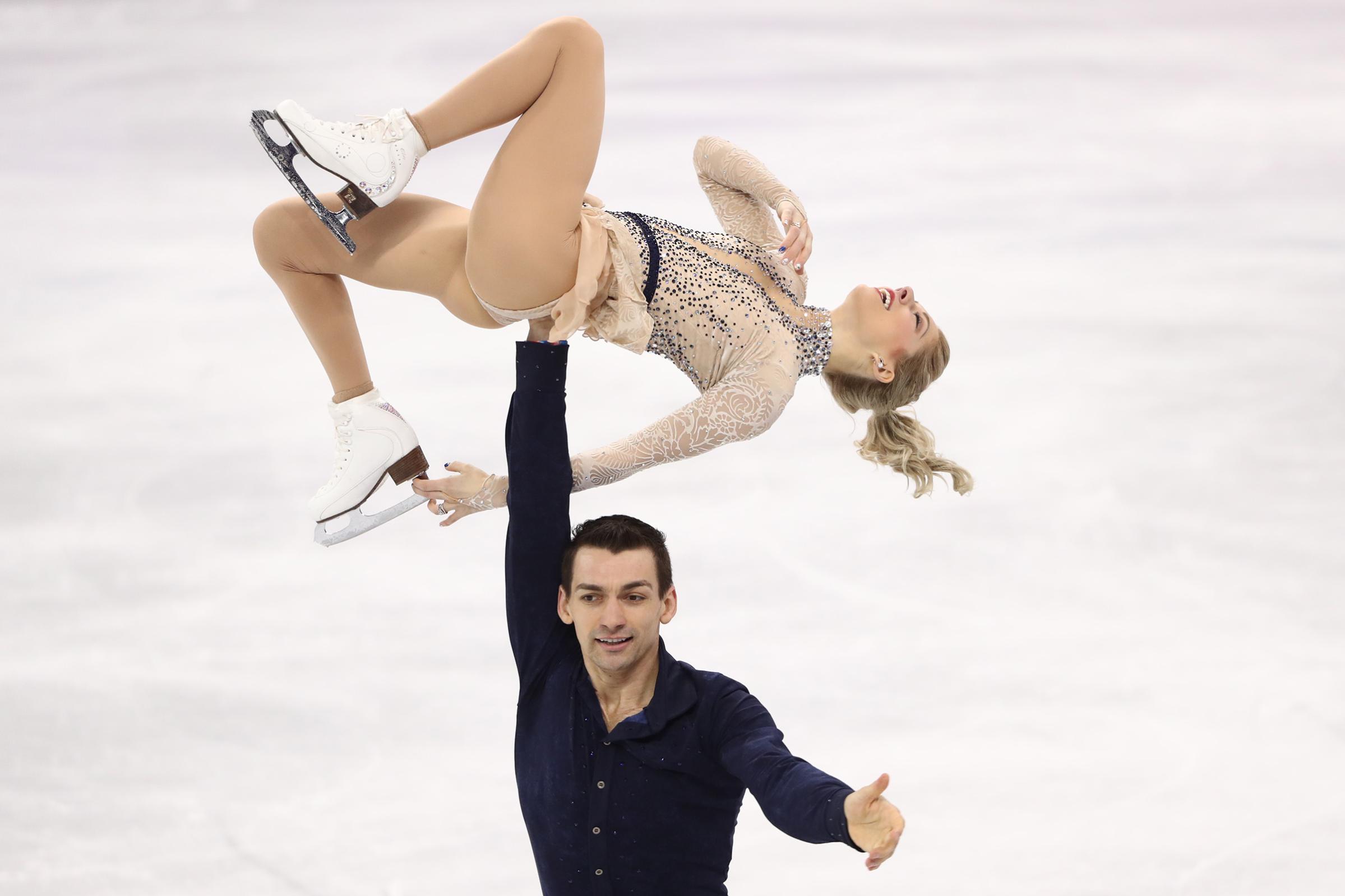 Pair skaters Alexa Scimeca Knierim and Chris Knierim of the USA perform their short program during a figure skating event at the 2018 Winter Olympic Games at Gangneung Ice Arena