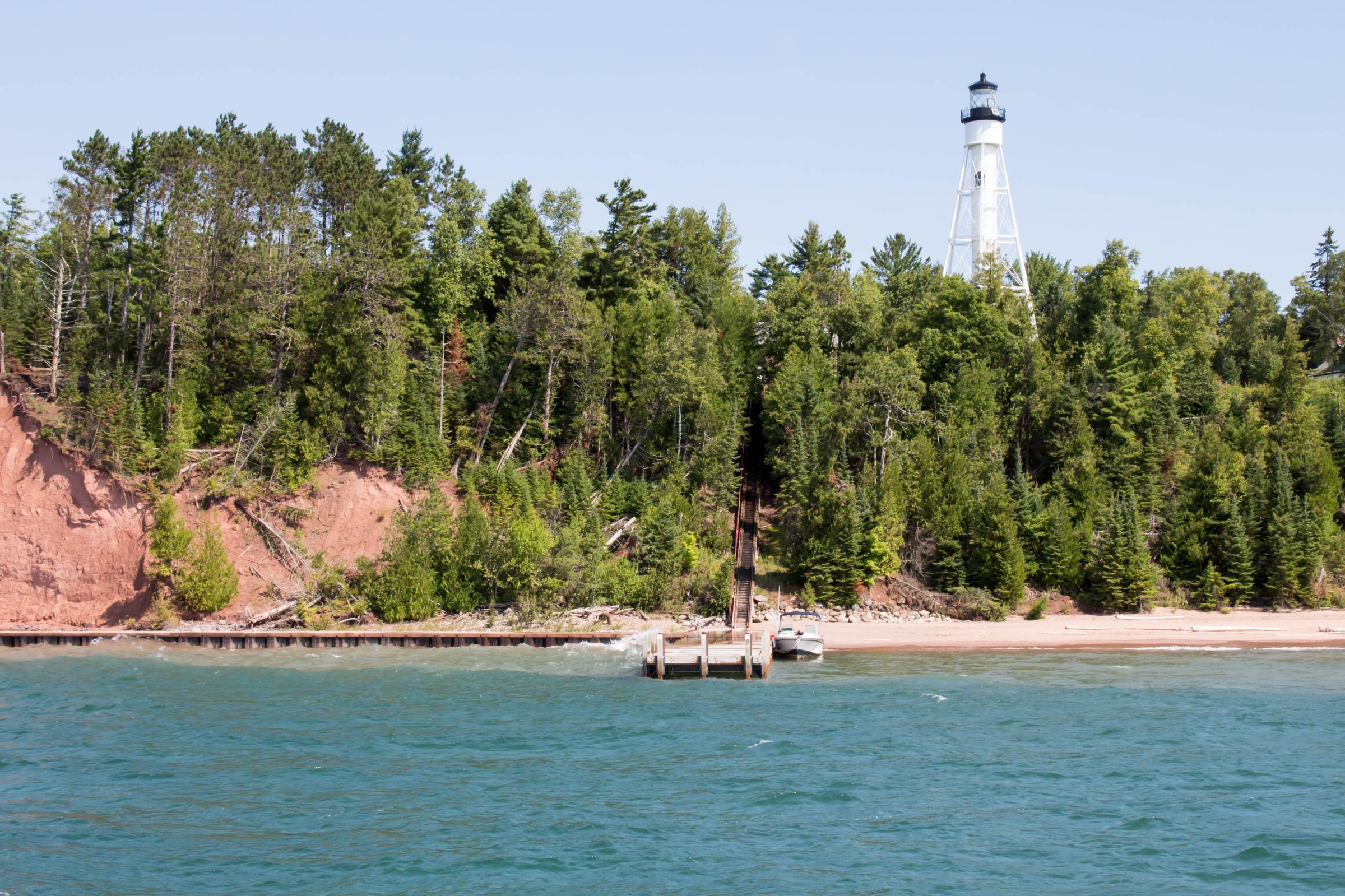 White lighthouse on an Apostle Island in Lake Superior