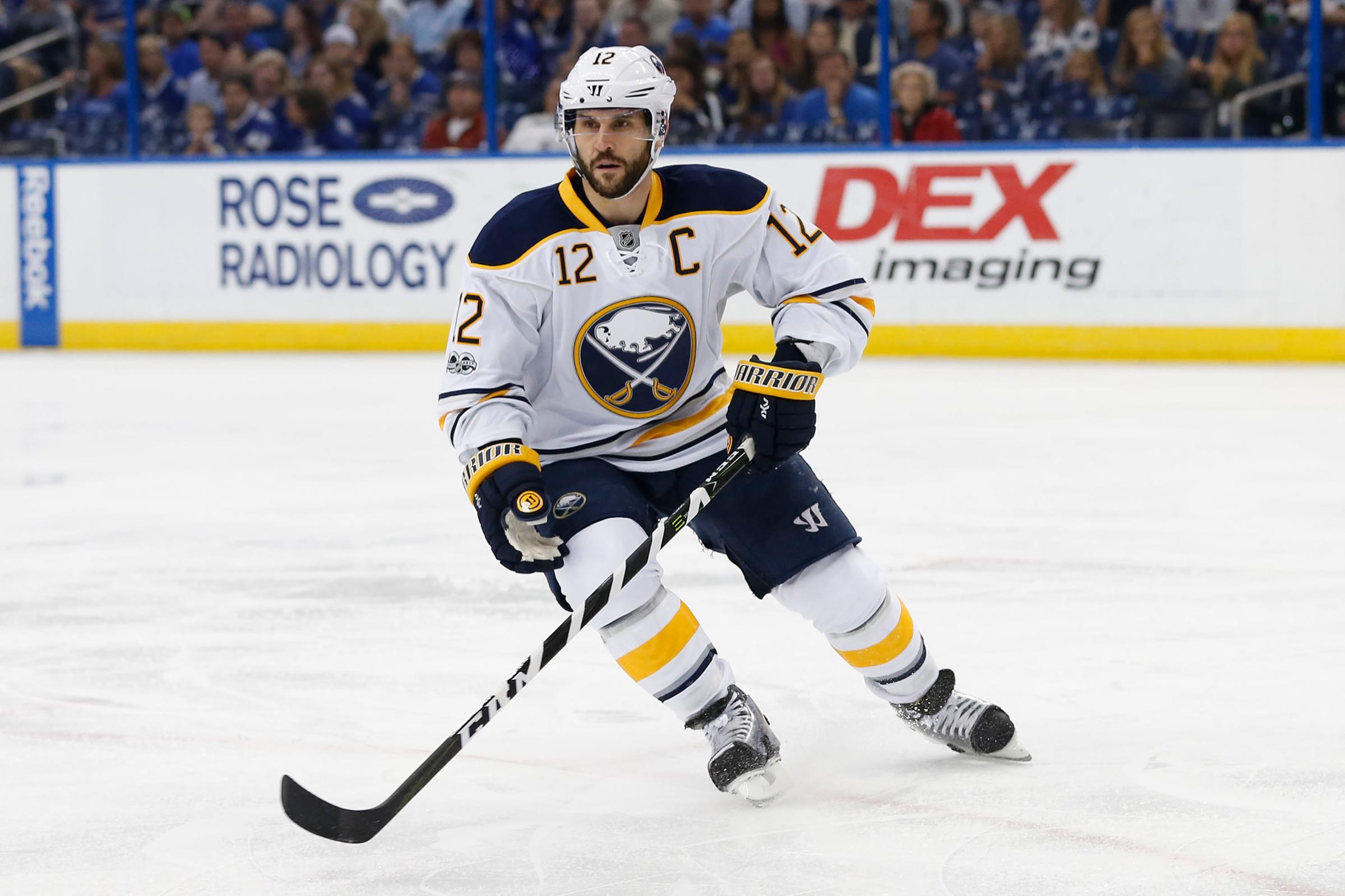 Buffalo Sabres right wing Brian Gionta skates in the 1st period of the NHL game between the Buffalo Sabres and Tampa Bay Lightning on April 09, 2017.
