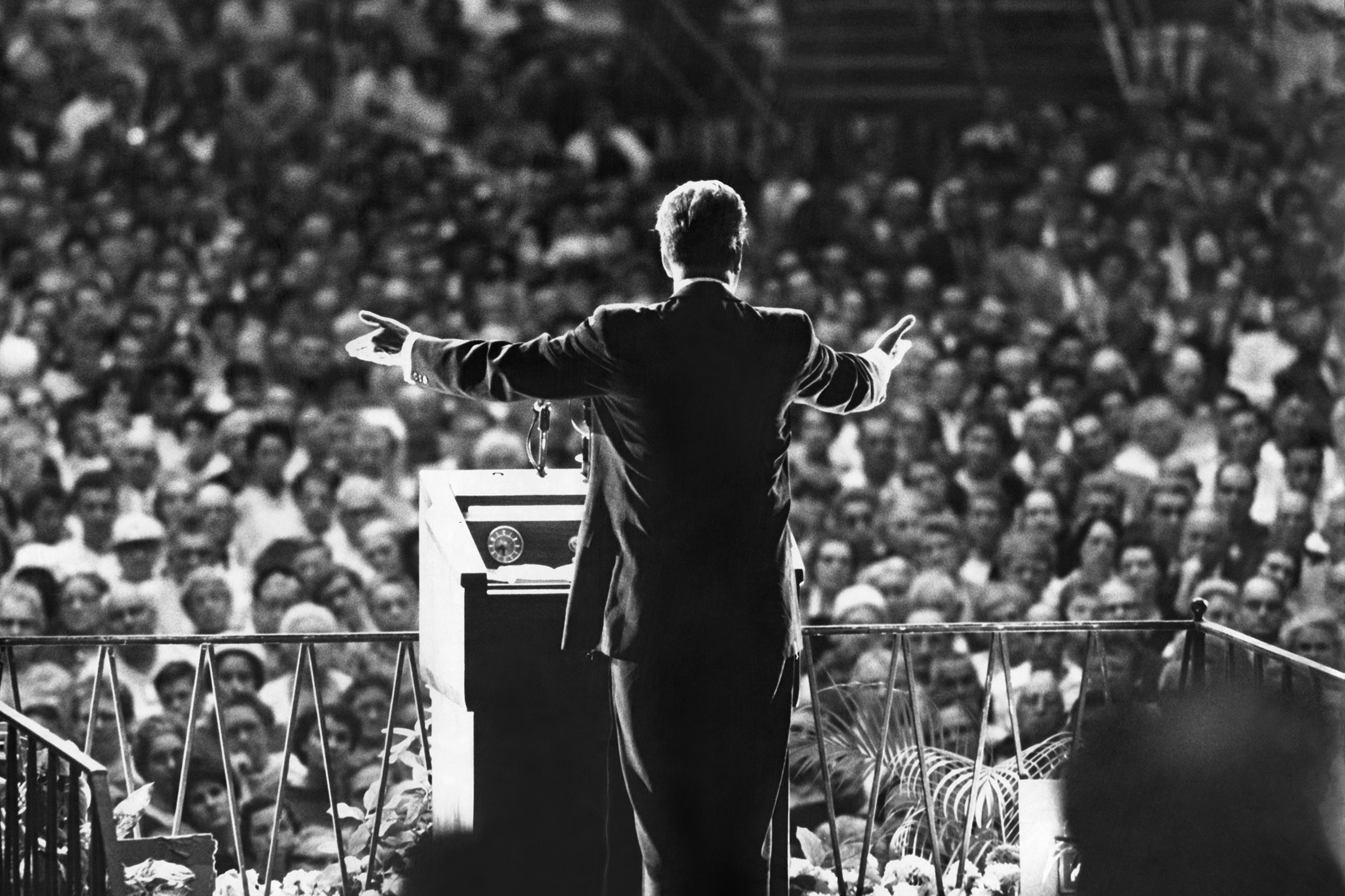 Christian evangelist Billy Graham preaching at the Miami Beach Convention Hall on March 6, 1961 in Miami Beach, Florida, USA.