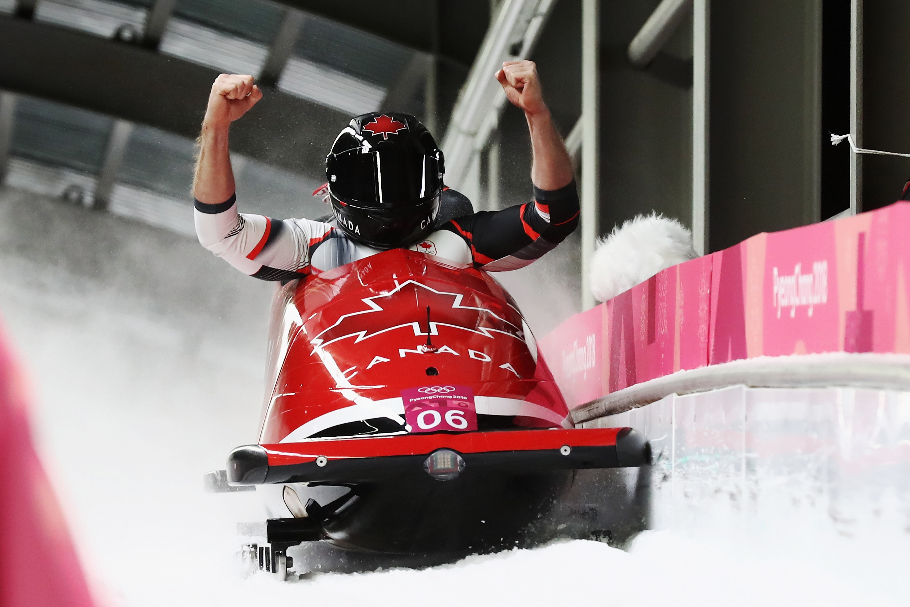 Justin Kripps and Alexander Kopacz of Canada celebrate as they win joint gold during the Men's 2-Man Bobsleigh on day 10 of the PyeongChang 2018 Winter Olympic Games at Olympic Sliding Centre on February 19, 2018 in Pyeongchang-gun, South Korea. (Alexander Hassenstein—Getty Images)