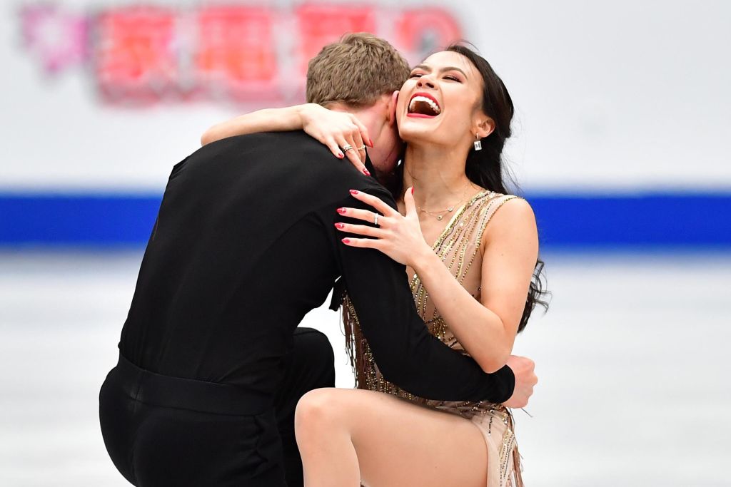 Madison Chock and Evan Bates of Team USA reacts after competing in the Ice Dance Free Dance on day four of the 2019 ISU World Figure Skating Championships at Saitama Super Arena on March 23, 2019 in Saitama, Japan. (Atsushi Tomura—International Skating Union/Getty Images)