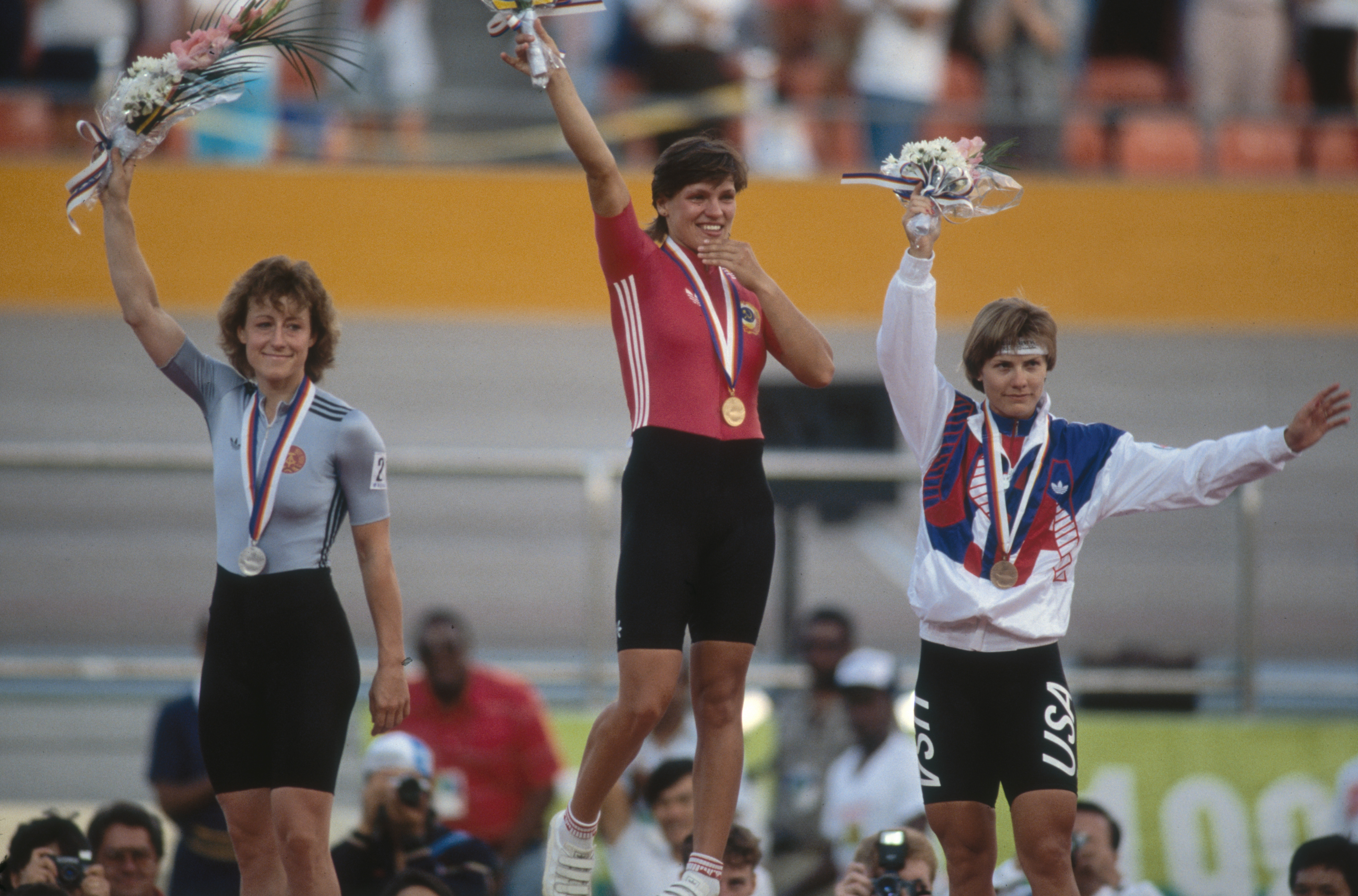Silver medallist Christa Luding of East Germany, Gold medallist Erika Salumae of the Soviet Union and right Bronze medallist Connie Paraskevin duing the medal ceremony at the Olympic Games in Seoul. Mike Powell—Getty Images (Mike Powell—Getty Images)