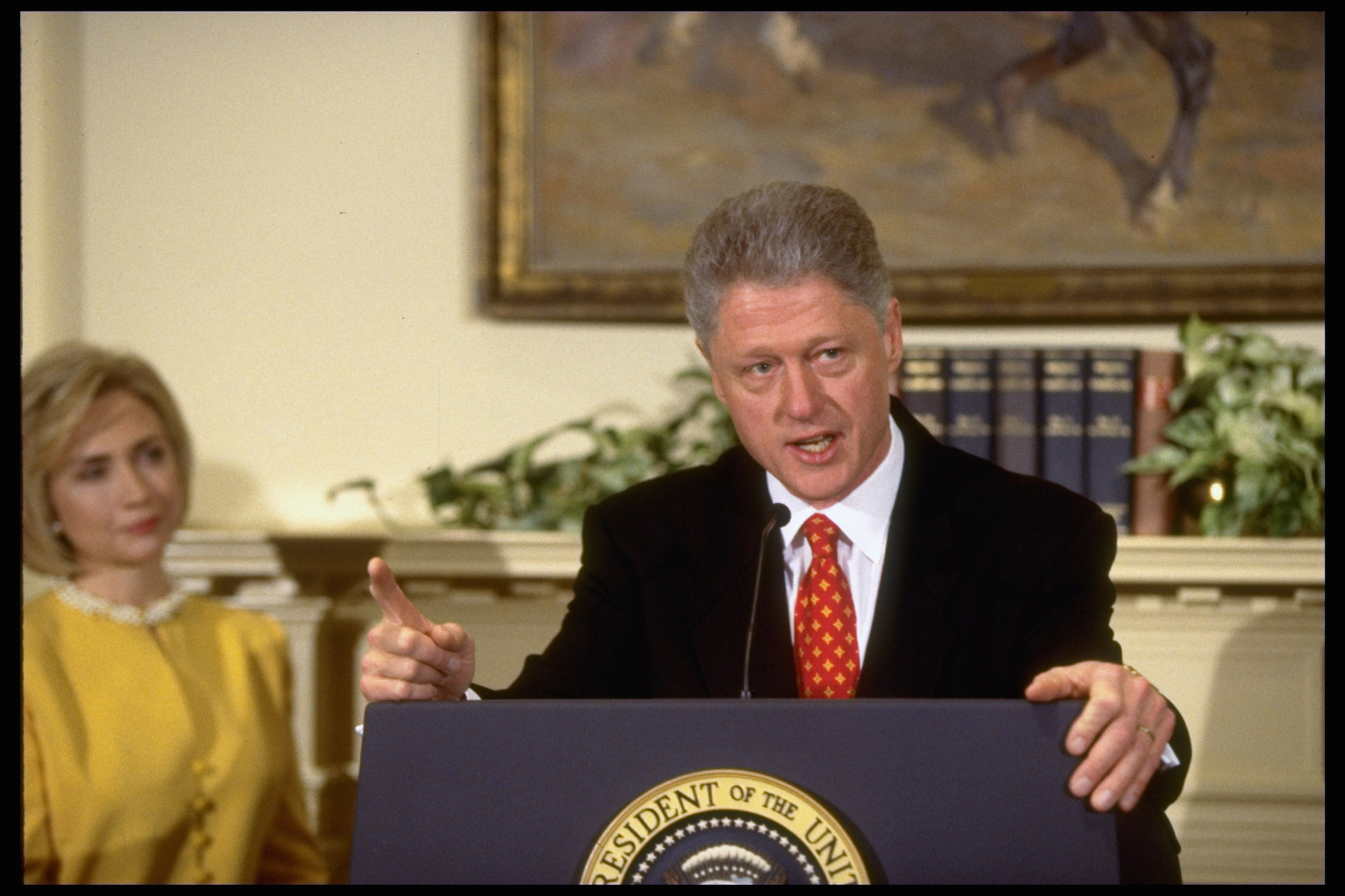 Pres. Bill Clinton emphatically denying having an affair with former White House intern Monica Lewinsky, during a White House event with First Lady Hillary Rodham Clinton at his side, on Jan. 26, 1998 (Diana Walker—Time &amp; Life Pictures/Getty Images)