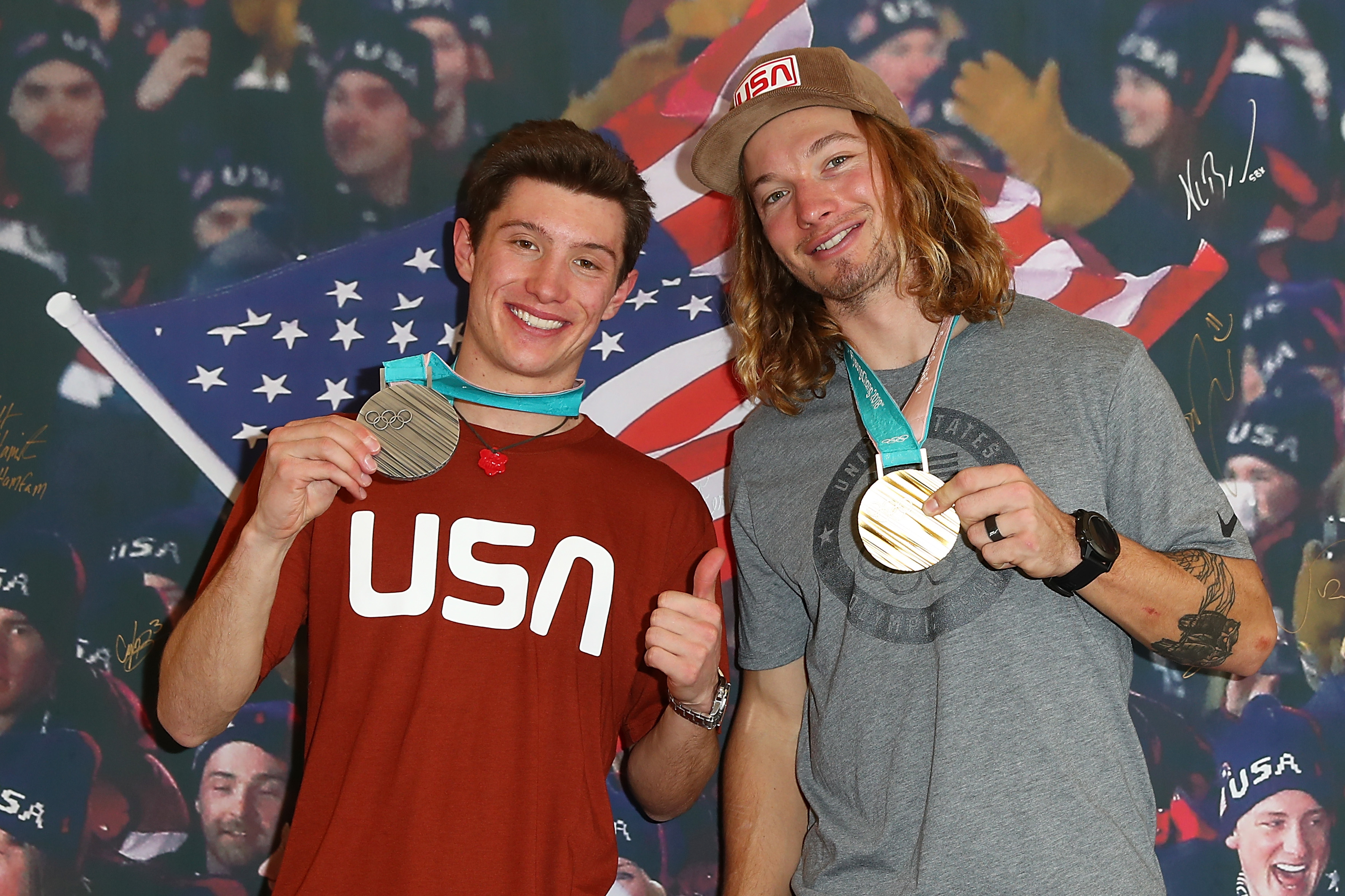 U.S. Olympians Alex Ferreira and David Wise pose for a photo at the USA House at the PyeongChang 2018 Winter Olympic Games on February 23, 2018 in Pyeongchang-gun, South Korea. (Joe Scarnici&mdash;Getty Images for USOC)