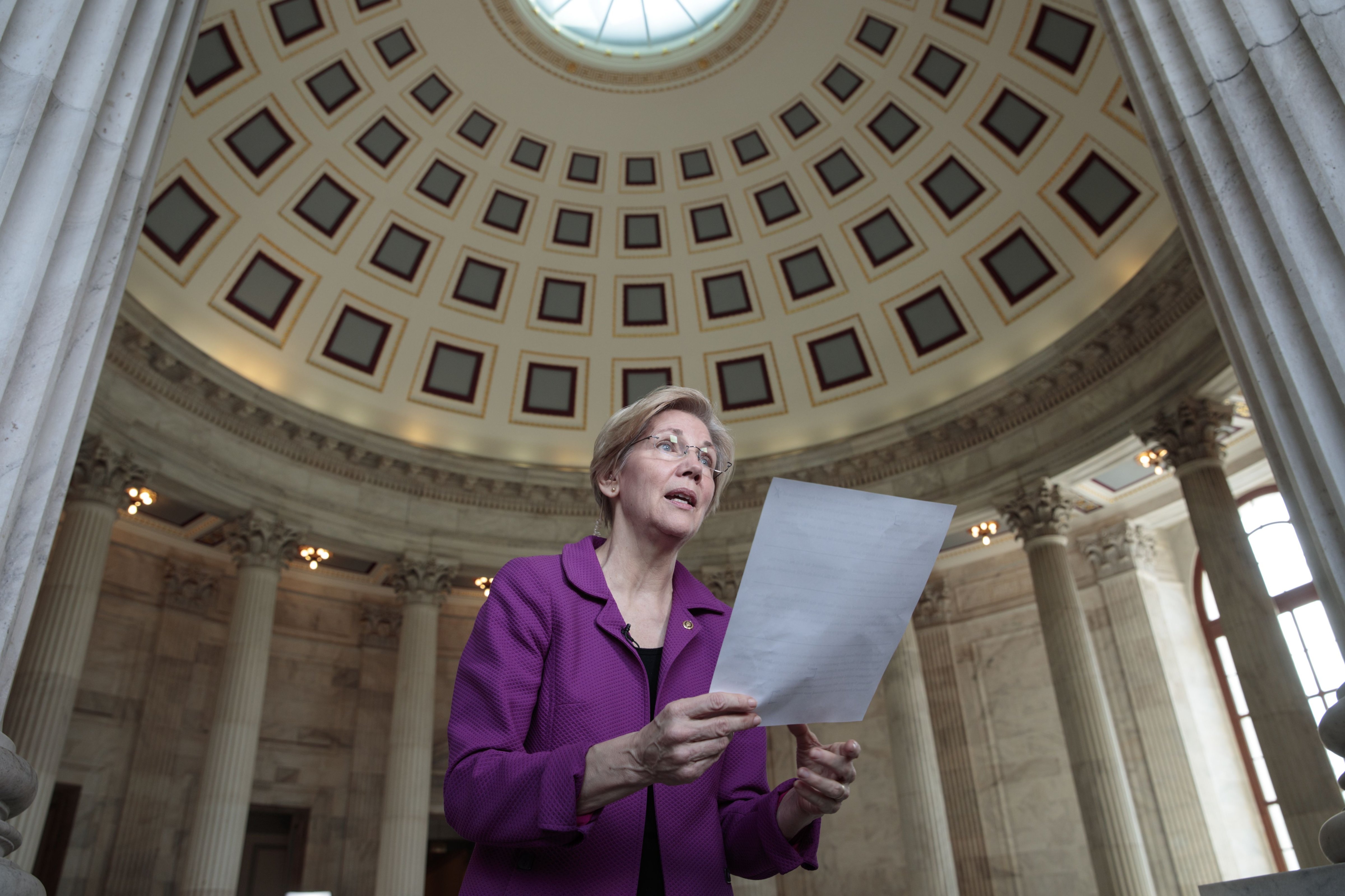 Holding a transcript of her speech in the Senate Chamber, Massachusetts Sen. Elizabeth Warren reacts to being rebuked by Senate leadership and accused of impugning a fellow senator, Attorney General-designate, Alabama Sen. Jeff Sessions, on Capitol Hill in Washington, D.C. on Feb. 8, 2017. (AP—REX/Shutterstock)
