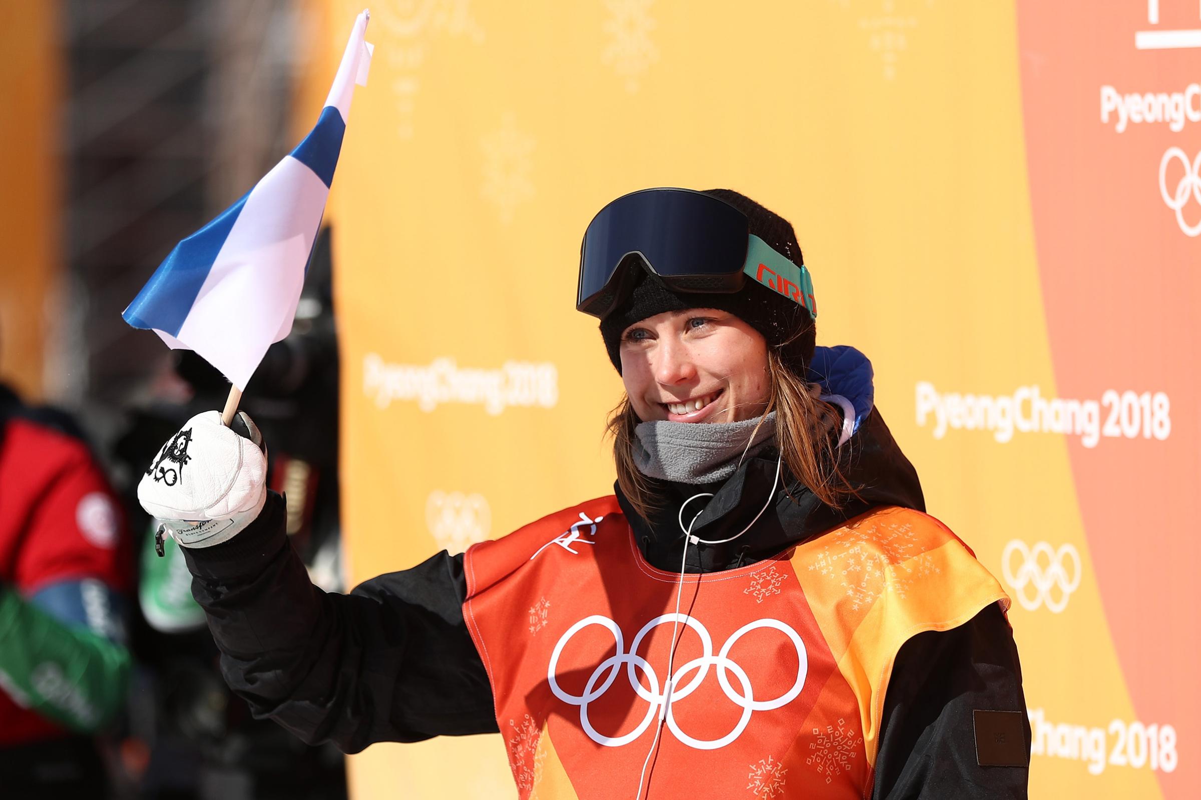 Bronze medalist Enni Rukajarvi of Finland celebrates in the Snowboard Ladies' Slopestyle Final on Feb. 12, 2018.