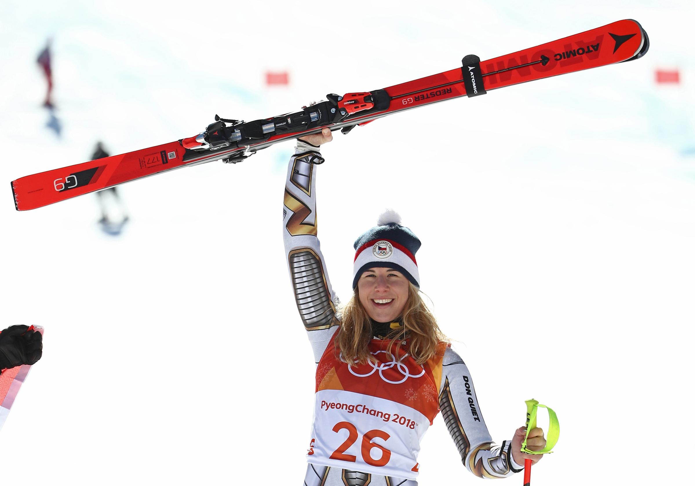 Gold medallist Ester Ledecka of the Czech Republic celebrates during the victory ceremony for the Alpine Skiing Ladies Super-G at the PyeongChang 2018 Winter Olympic Games on Feb. 17, 2018.