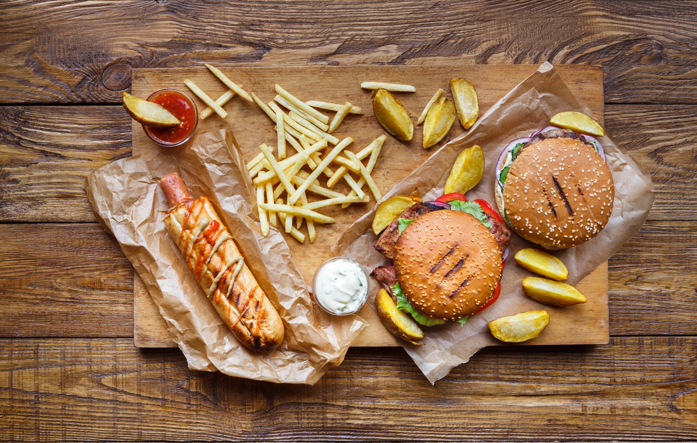 Fast food take away top view. Hamburger, hotdog and fries
