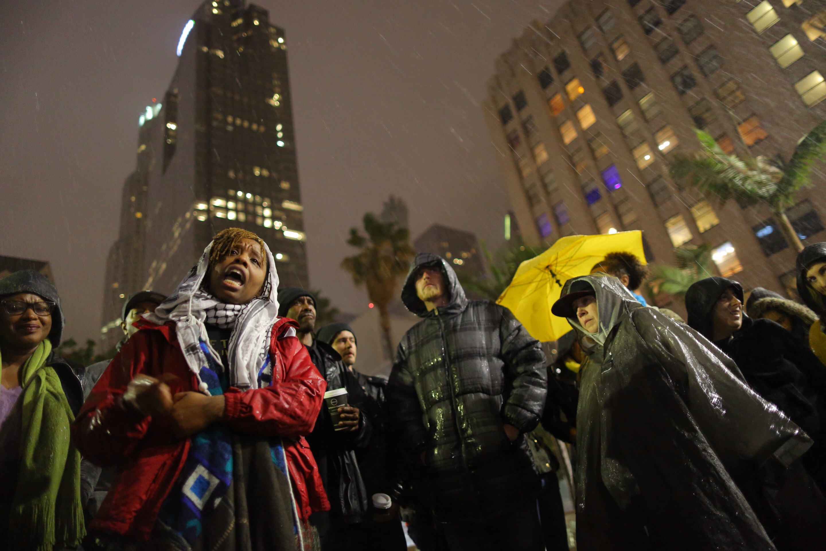 Patrisse Cullors speaks to the people gathered at Pershing Square in Los Angeles to protest a homeless man who was shot during a confrontation downtown by the LAPD, March 1, 2015 (Marcus Yam—LA Times via Getty Images)