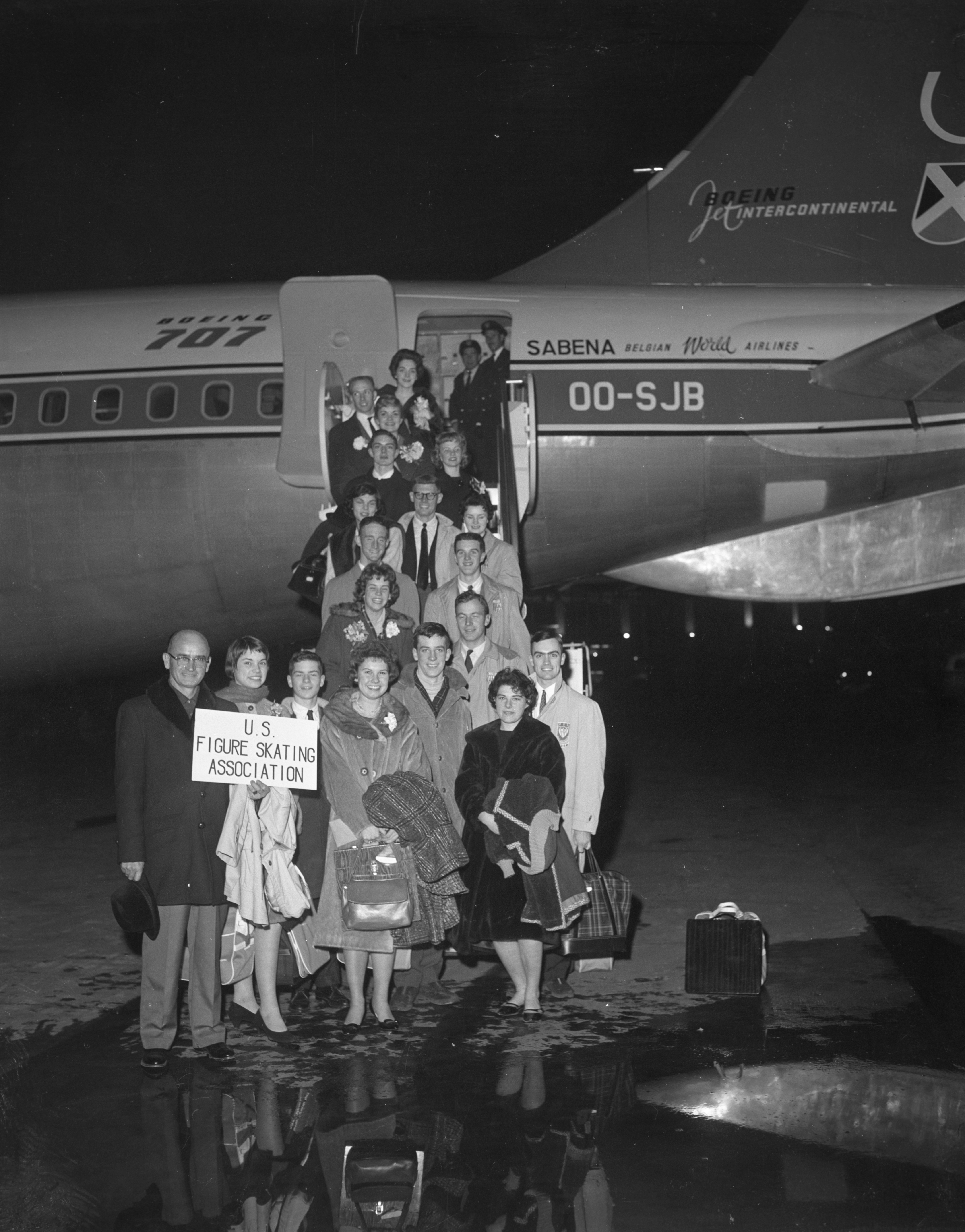 The 18 members of the U.S. figure skating team are shown as they boarded the ill-fated Belgian airliner here, February 14th, for a flight to Brussels. (Bettmann&mdash;Bettmann Archive)