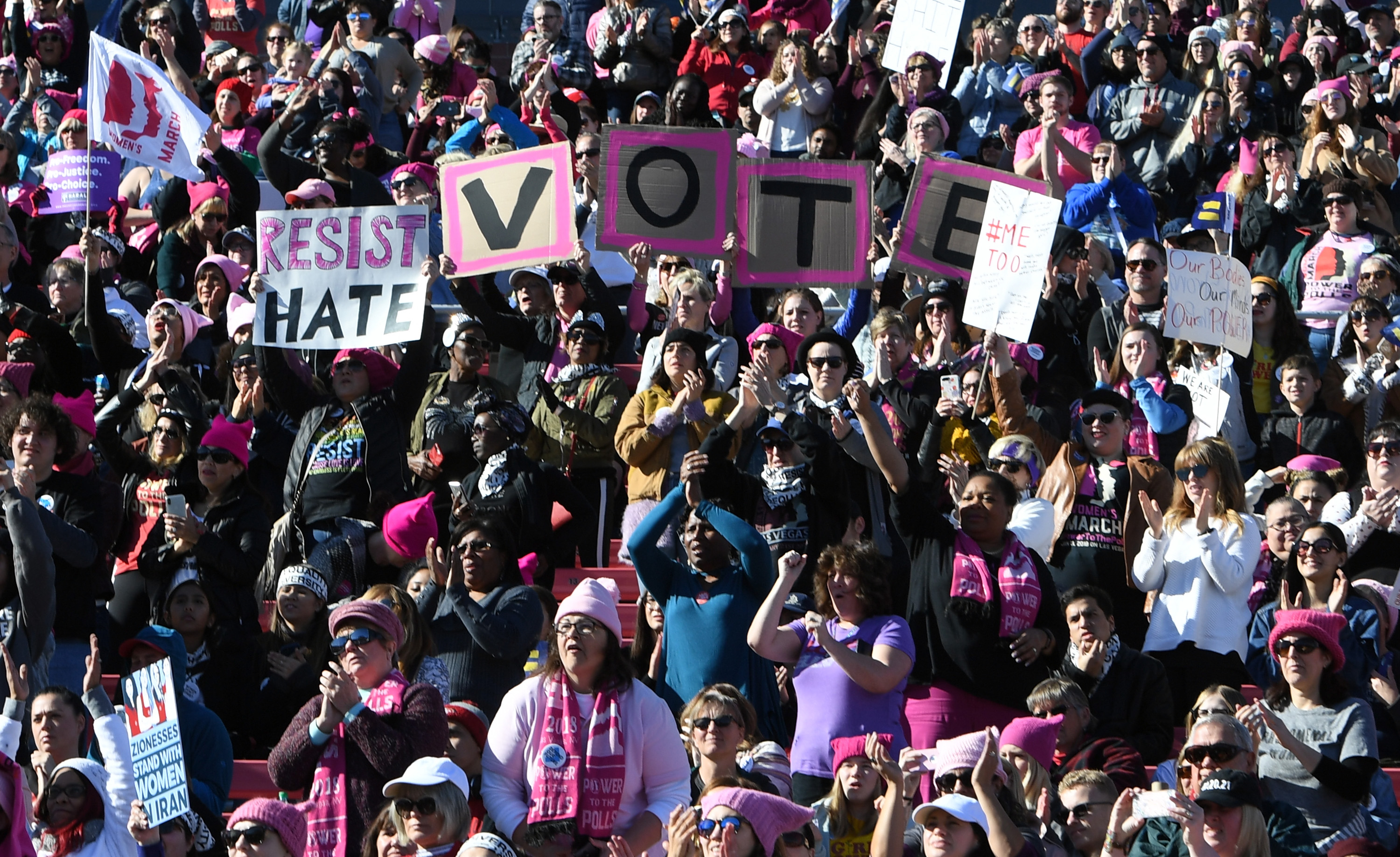 Demonstrators attend the Women's March "Power to the Polls" voter registration tour launch at Sam Boyd Stadium on January 21, 2018 in Las Vegas, Nevada. (Ethan Miller—Getty Images)