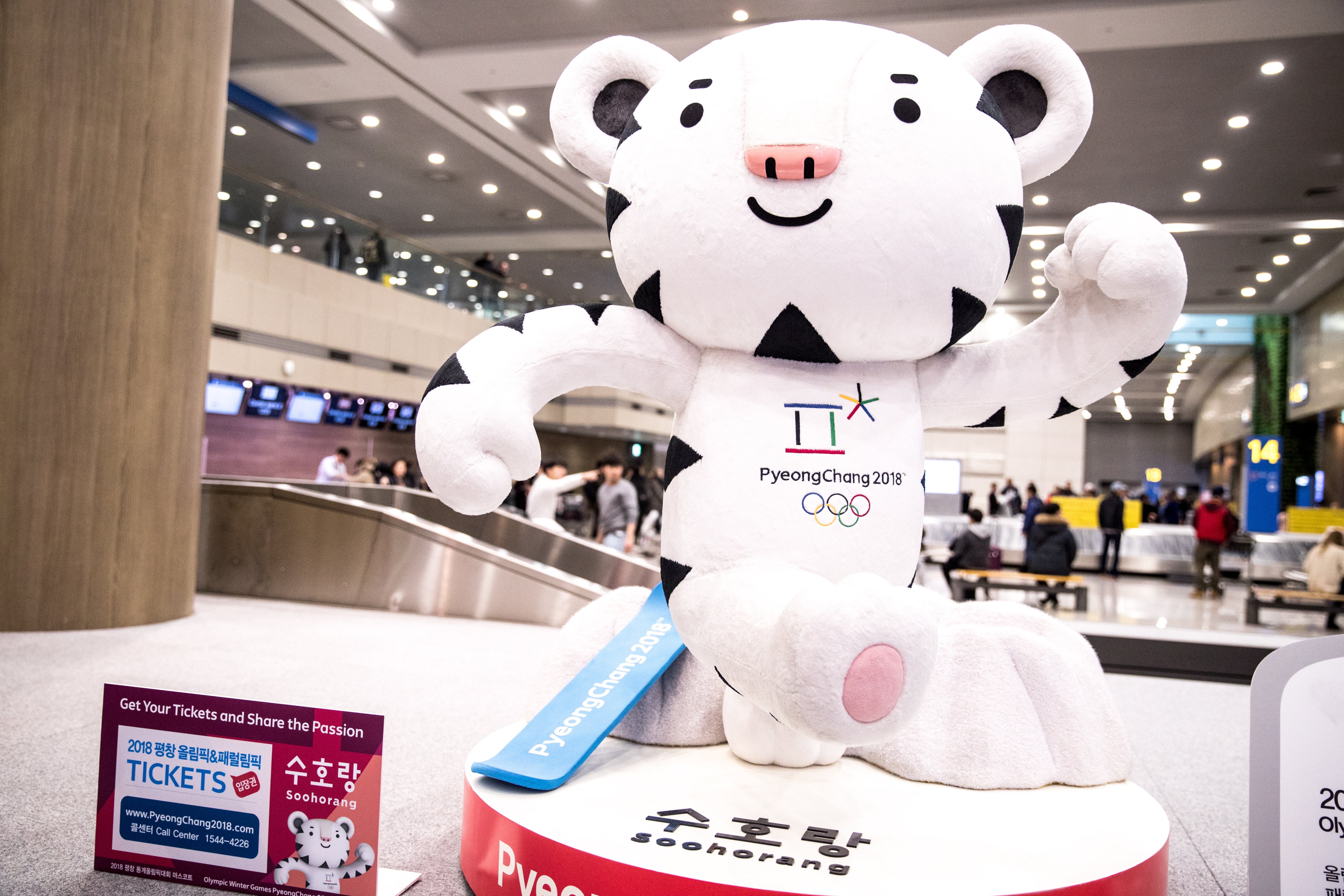 Soohorang the Tiger, an official mascot of the 23rd Olympic Winter Games in Pyeongchang, seen at Incheon International Airport in Seoul. (Sergei Bobylev/TASS—Getty Images)