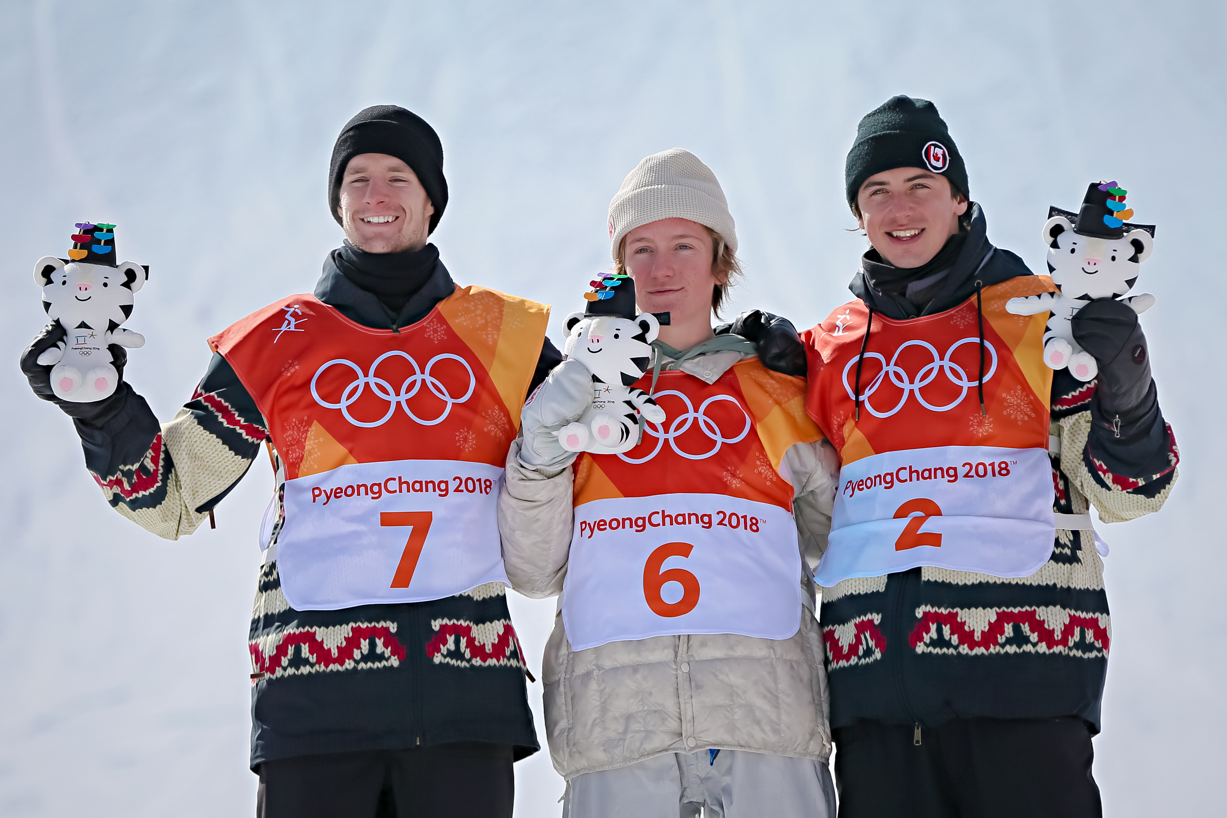 Max Parrot wins the silver medal, Red Gerard wins the gold medal, Mark Mcmorris of Canada wins the bronze medal during the Snowboarding Men's Slopestyle Finals at Pheonix Snow Park on February 11, 2018 in Pyeongchang-gun, South Korea. (Laurent Salino/Agence Zoom—Getty Images)