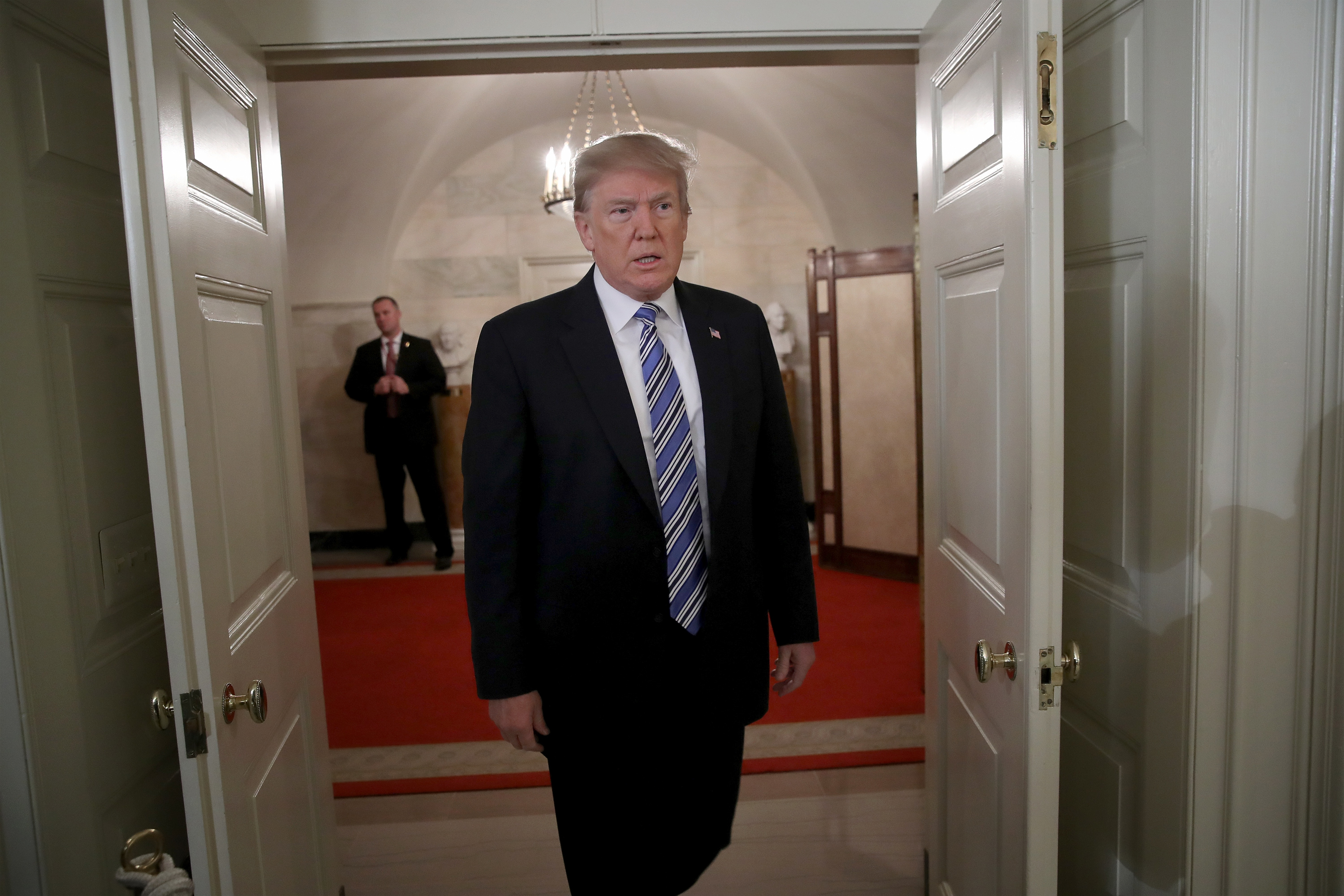 U.S. President Donald Trump arrives to deliver remarks about the shooting yesterday at Marjory Stoneman Douglas High School, at the White House on February 15, 2018 in Washington, DC. (Win McNamee—Getty Images)