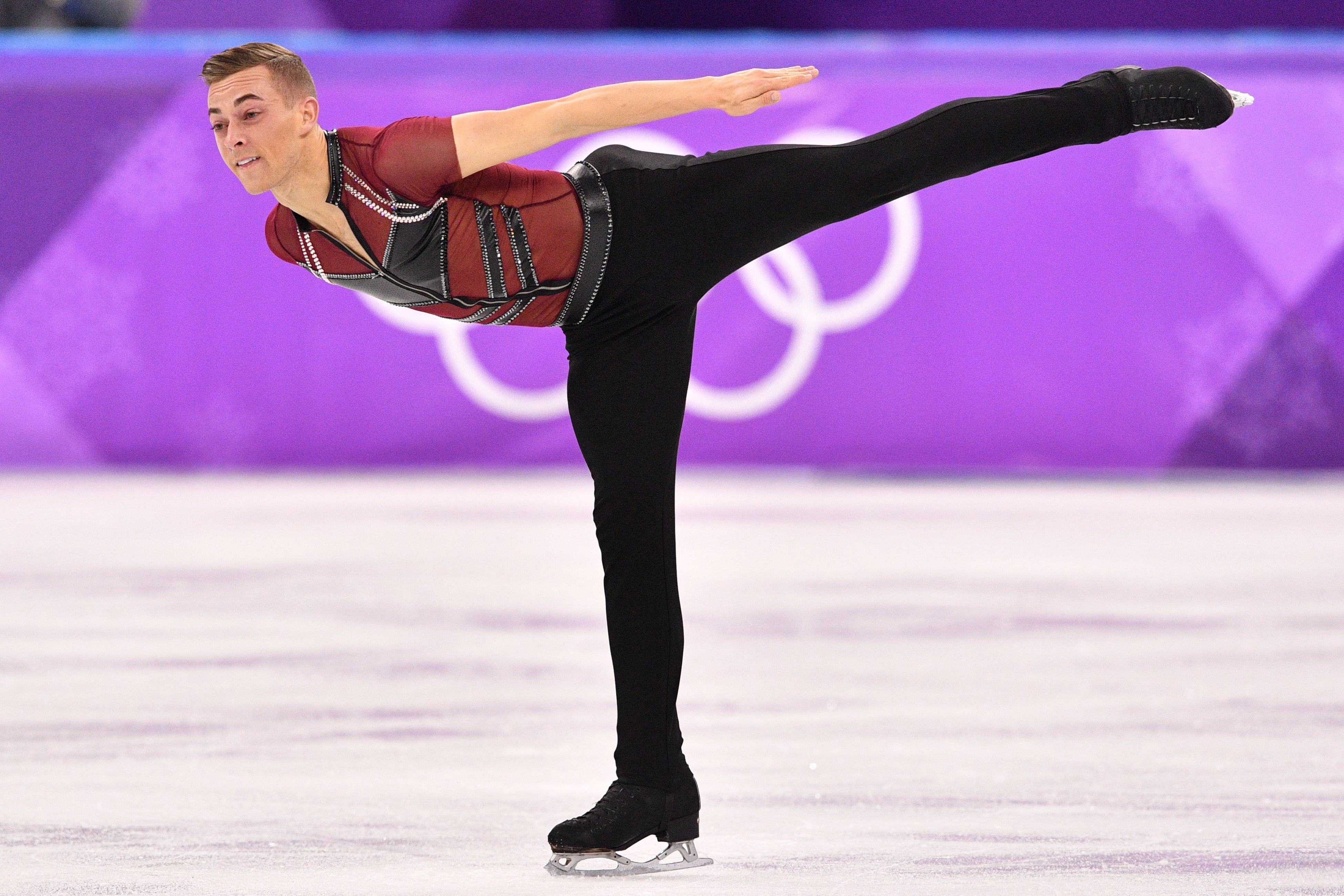 USA's Adam Rippon competes in the men's single skating short program of the figure skating event during the Pyeongchang 2018 Winter Olympic Games at the Gangneung Ice Arena in Gangneung on Feb. 16, 2018. (Mladen Antonov—AFP/Getty Images)