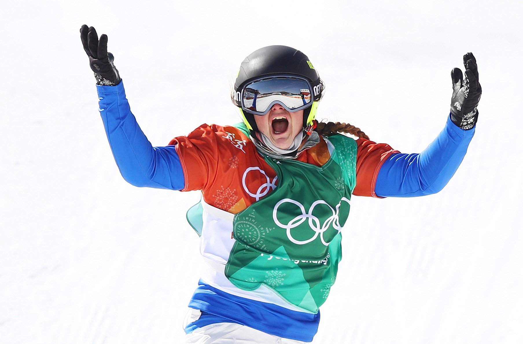 Michela Moioli of Italy celebrates winning gold in the Ladies' Snowboard Cross gold medal at the PyeongChang 2018 Winter Olympic Games on Feb. 16, 2018. (Michela Moioli of Italy celebrates winning gold in the Ladies' Snowboard Cross gold medal at the PyeongChang 2018 Winter Olympic Games on Feb. 16, 2018.)